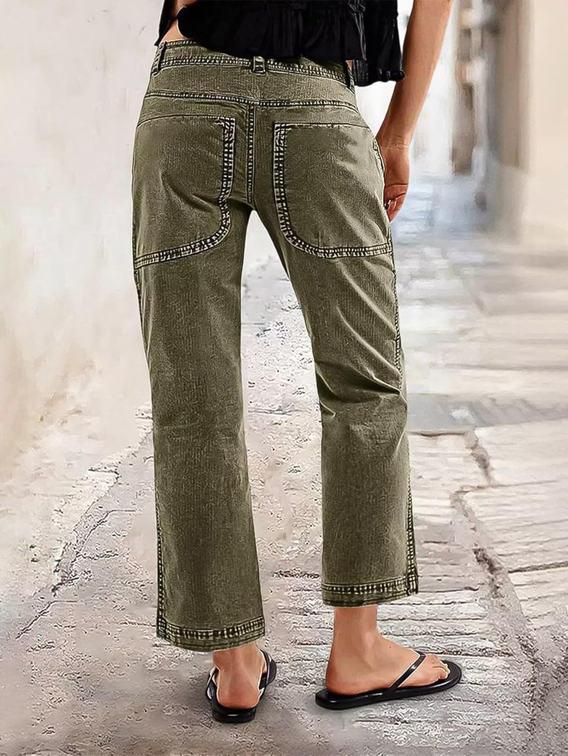 Flamingals Straight Leg Pants for Women Mid Rise Casual Cargo Slim Flap Pockets Solid Cropped Pants - Image 5