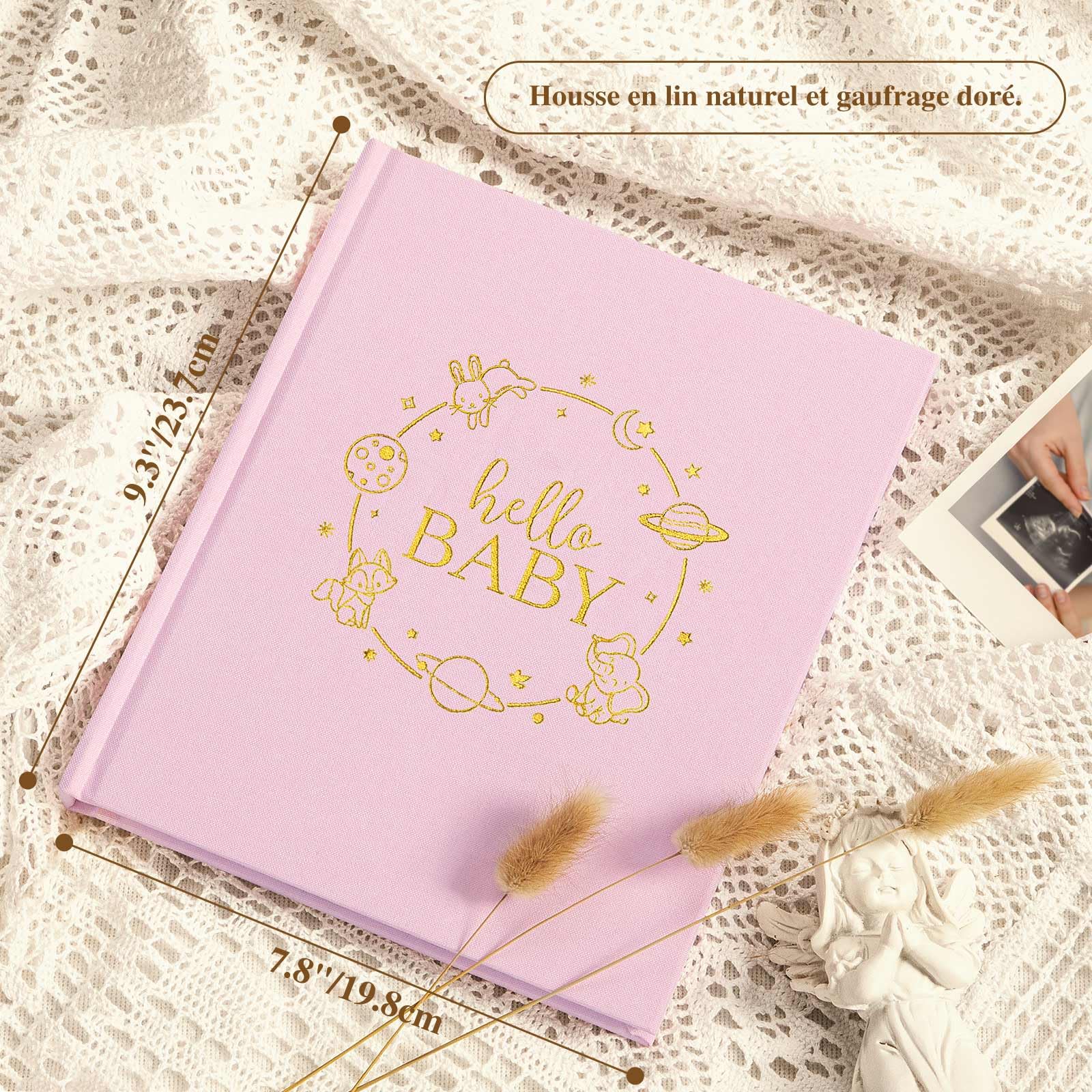 Lanpn Livre de Naissance Bébé, Album Cadeau Naissance Bébé Fille Garçon, 154 Pages Hello Baby Memory Book, Livre Photo Souvenirs Bebe pour Coller des Photos Écrire Cadeau Nouveaux-nés, Rose, Anglais