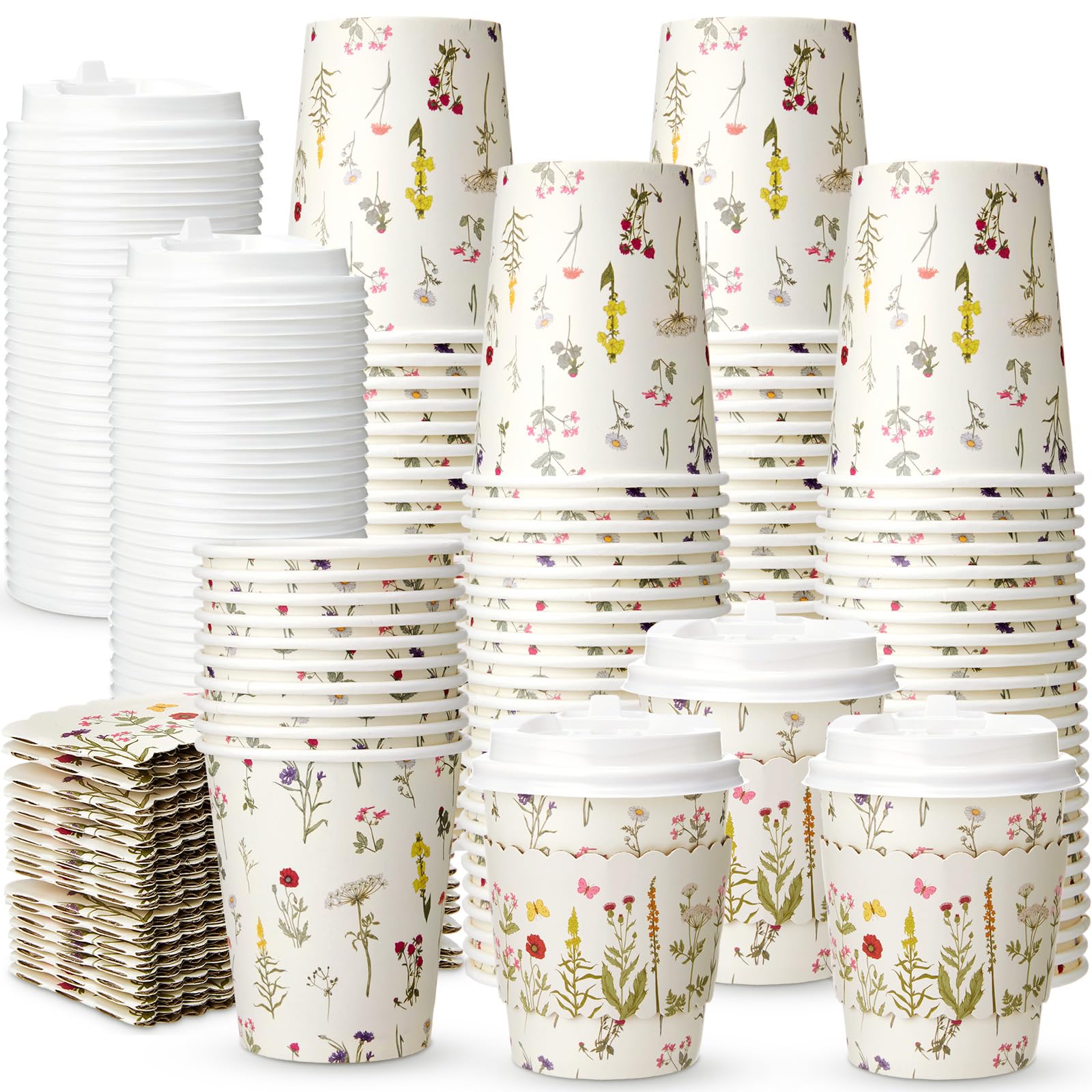 AmazingSpark 100 Sets 8oz Floral Disposable Coffee Cups with Lids and Sleeves Wildflower Paper Hot Coffee Cups for Spring Party Wedding Reception Baby