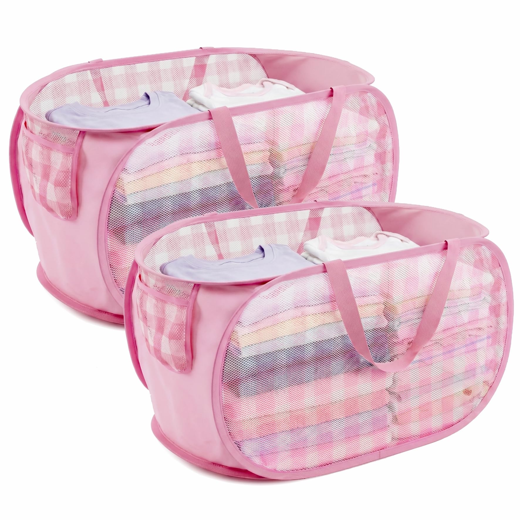 BOSNONA Mesh Pop Up Laundry Hamper 2 Pack Laundry Baskets with Side Pocket Portable Collapsible Laundry Basket for Bedroom Bathroom Dorm Room (Pink Check(2 Horizontal）) — image 1