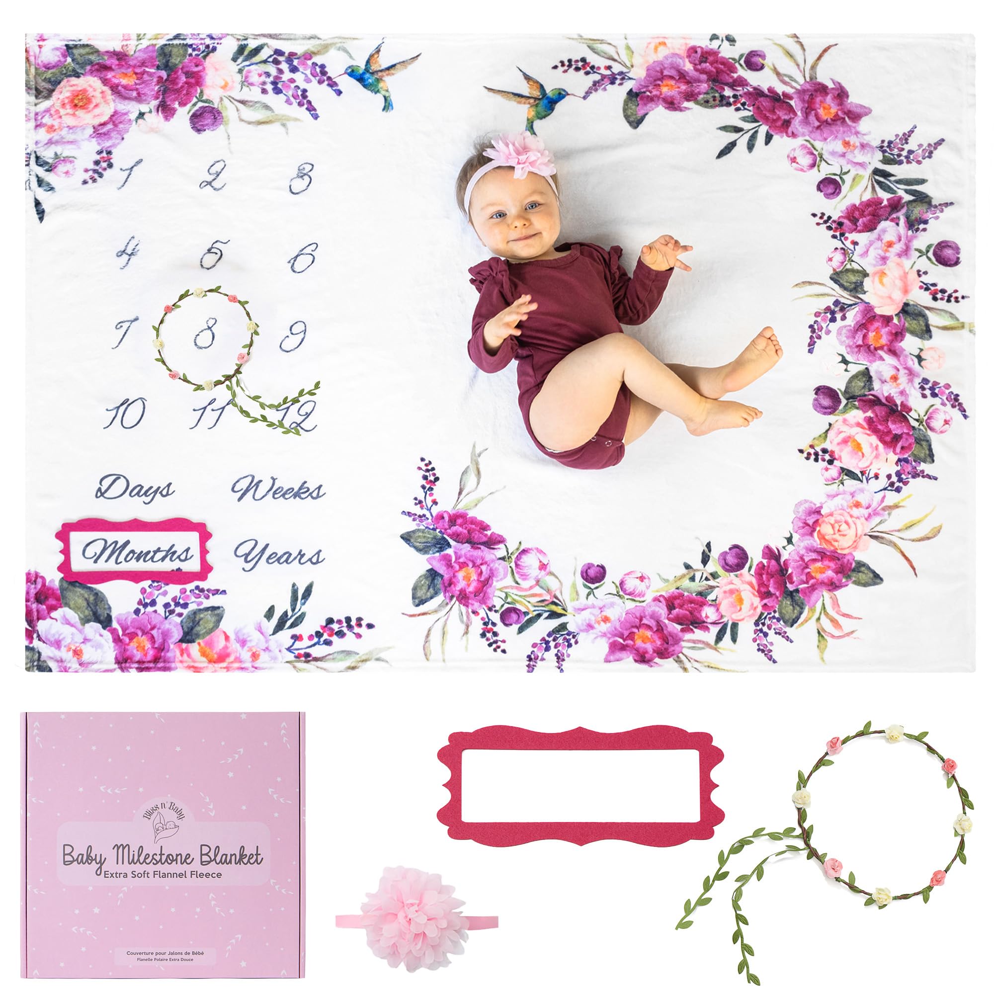 Bliss n' Baby Milestone Blanket for Baby Girl - Perfect Baby Age Blanket with Growth Chart Blanket - New Moms Set, Wrinkle Free, Washable, Dryable Headband- 60"x40"