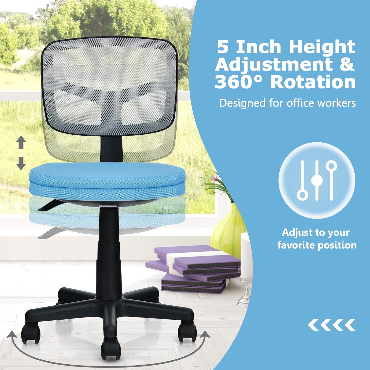 Giantex Armless Desk Chair, Low-Back Computer Chair Ergonomic Small Task Chair with Adjustable Height, Y-Shaped Support for Adults Teens Kids, 360° Swivel Office Chair (Blue)