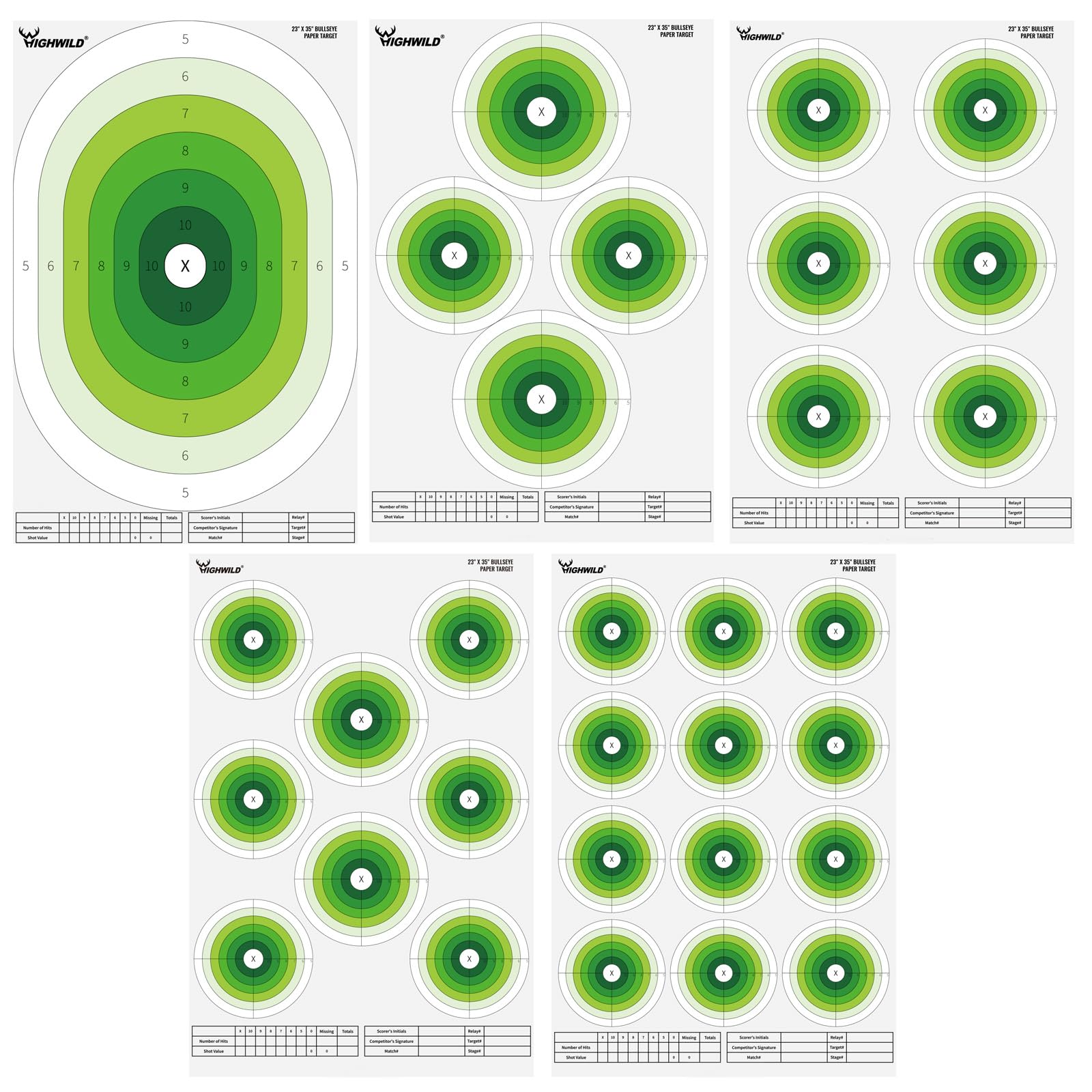 Highwild 23X35 Inch Bullseye Paper Target for Shooting Range Training - 5 Unique Patterns, Suitable for Pistols, Rifles, Airguns - Practice and Improve Your Aim (20 Pack)