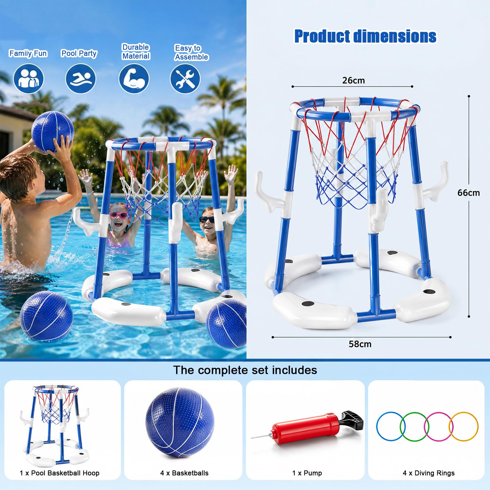 Cestino da basket gonfiabile per piscina con 4 grandi palline, pompa e adesivi, ideale per adulti per divertirsi in acqua