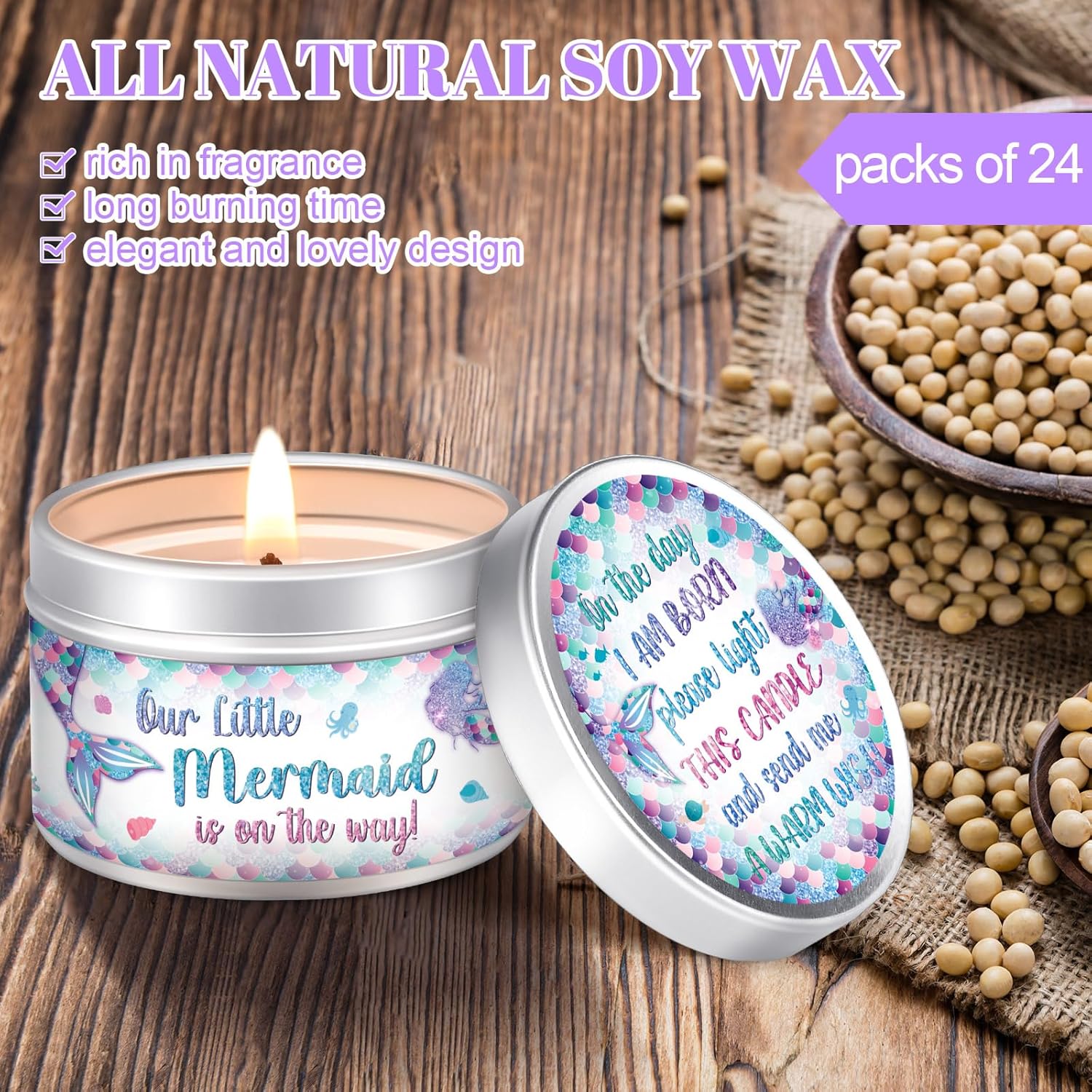 MTLEE 24 Pcs Mermaid Baby Shower Party Favors Candles Lavender Scented Baby Shower Favors for Guests Rustic Tealights Candles Gender Reveal Return Gifts (1.2 oz, Colorful)