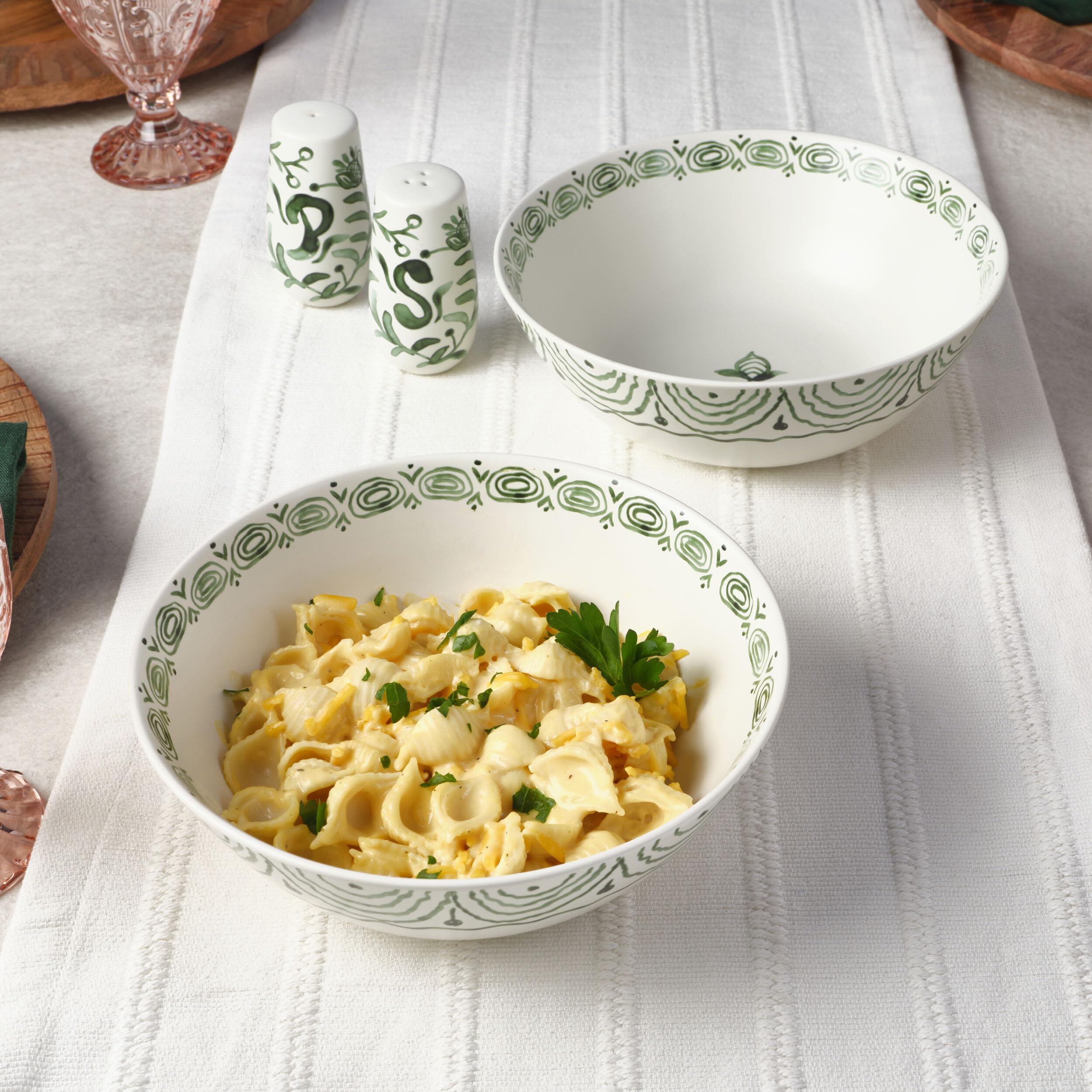 Fitz and Floyd Sicily Green miski do serwowania z solniczką i pieprzniczką, zestaw 2 szt