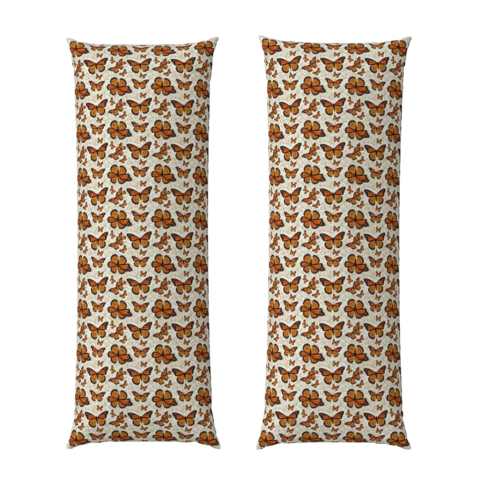 Body Pillow Case 20x54, Orange Monarch Butterfly Floral, Zippered Soft Pillow Cover, Plush Flannel Fabric, Comfortable Cushion Protector for Bedroom Living Room Couch