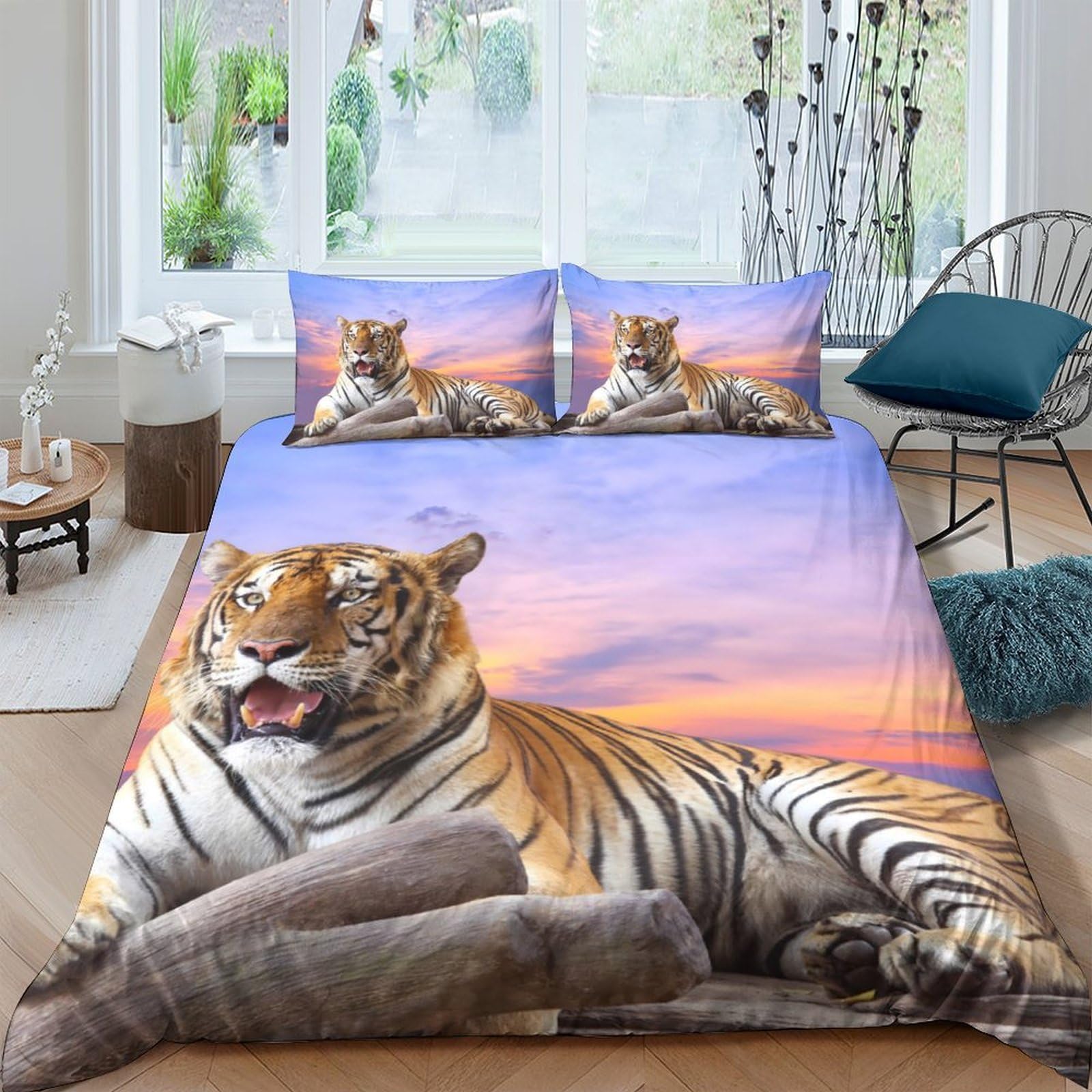 Ctjqhvkz Style-1 3D Printed Sunset Tiger Fitted Sheet Microfiber Soft Breathable Jungle Landscape Mattress Cover For Bedroom Guest Room Decor Single（135X200cm）