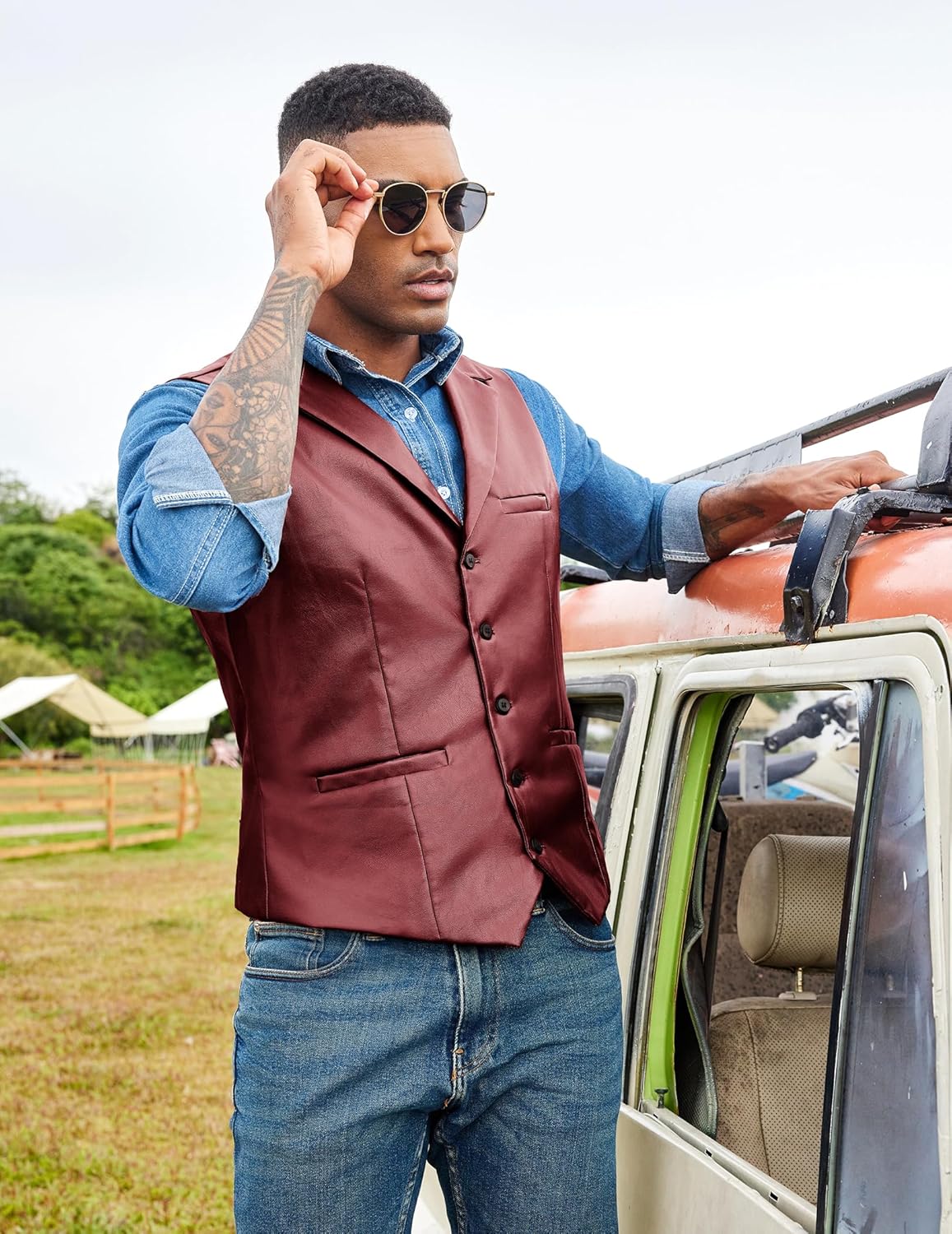 COOFANDY Men's Leather Suit Vest Slim Fit Casual Western Vest Jacket Lightweight V-Neck Dress Waistcoats