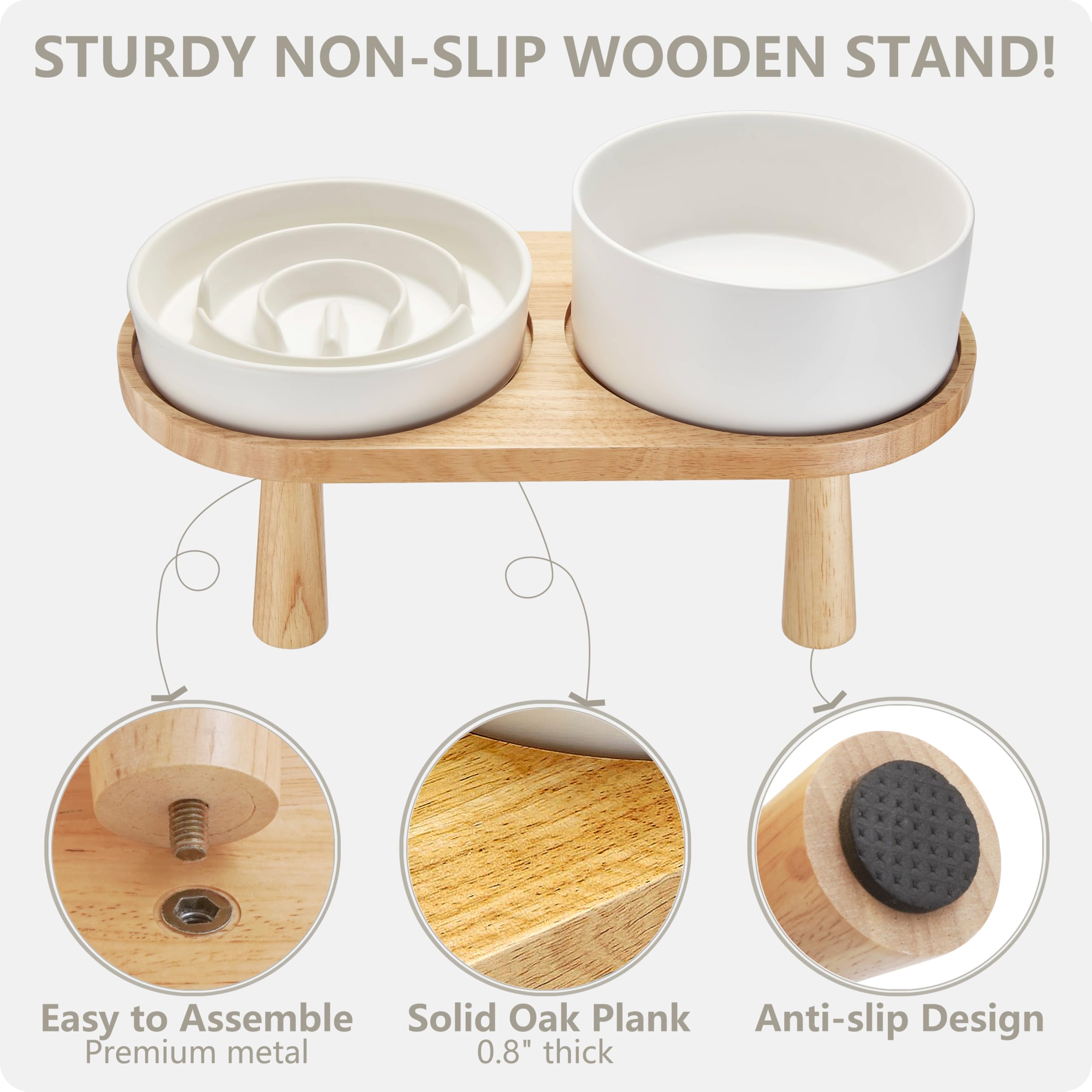 Cuenco de cerámica para perros con soporte de madera, 850 ml, color blanco