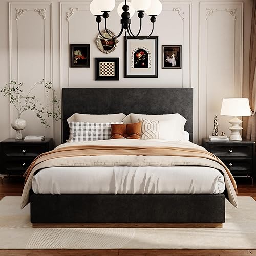 Miniatura 11 de Base de cama Queen con cabecero, plataforma tapizada de terciopelo con base de madera cerrada, estructura de metal y soporte de listones de madera,