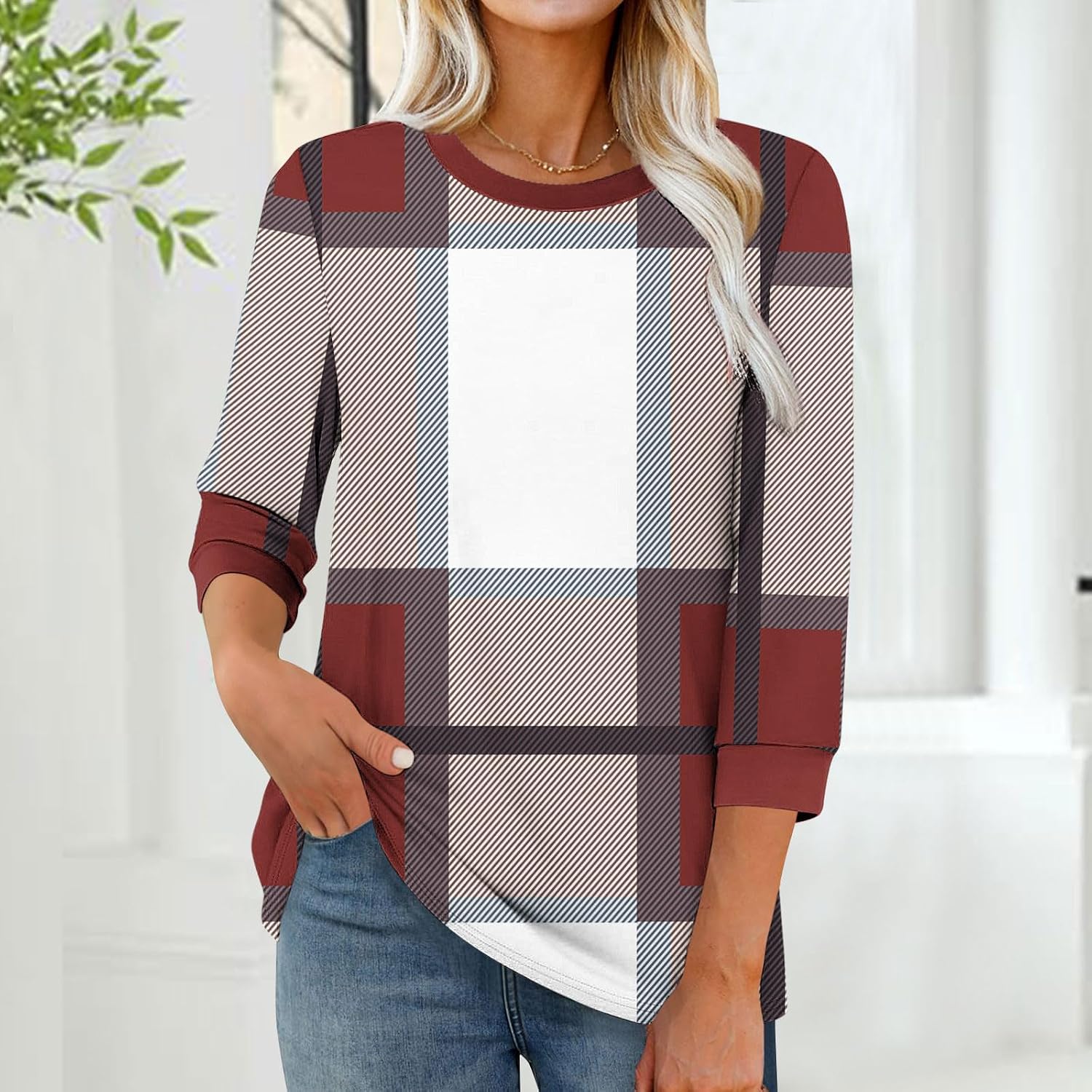 Women's 3/4 Length Sleeve Tops Casual Plaid Print Summer Tops for Women Loose Fit Three Quarter Length Sleeve Blouse