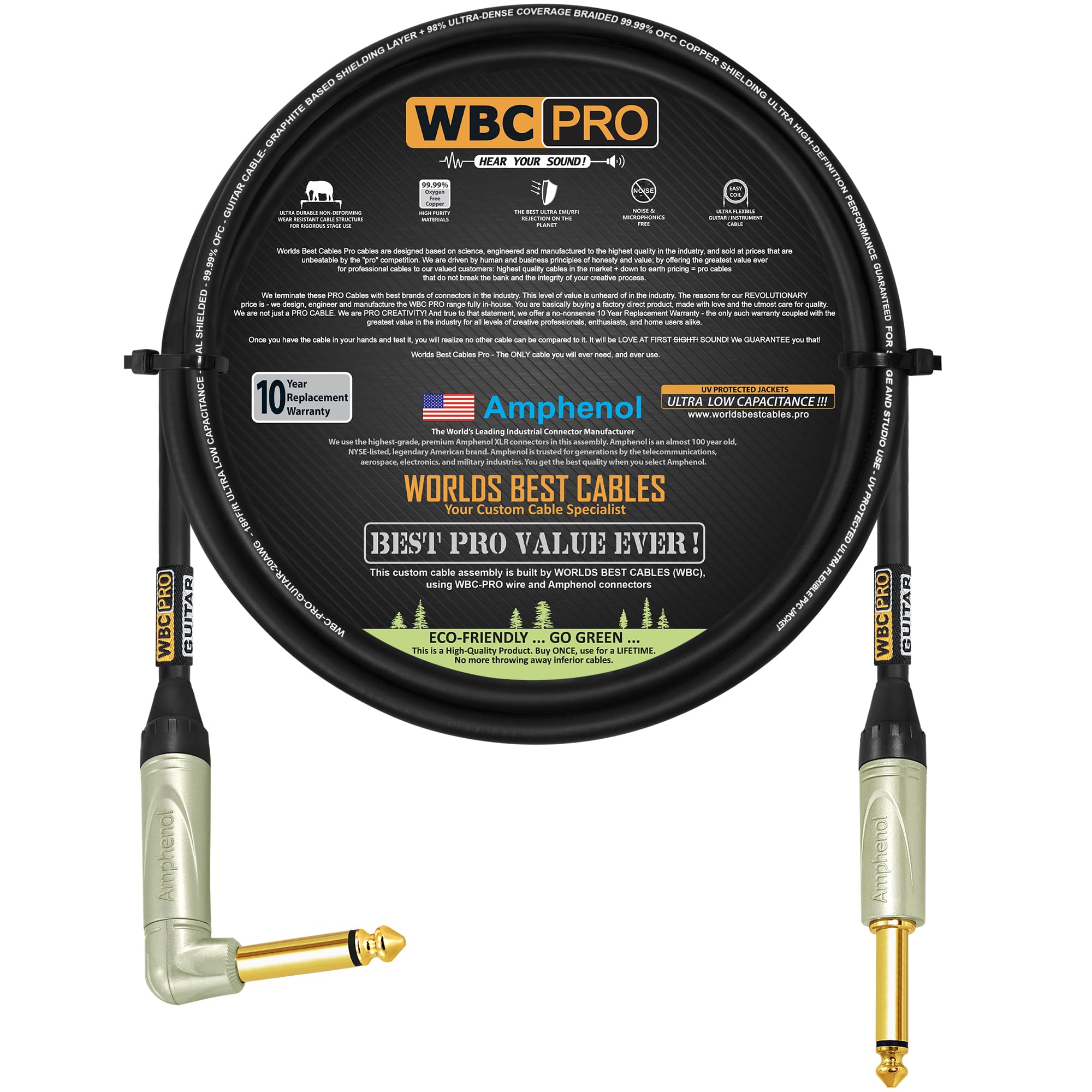 6 Foot - WBC-PRO-Guitar – 20 AWG - Low-Cap (18pF/ft) – Pro-Grade – Graphite-Based - Dual-Shielded Guitar, Bass, Instrument Cable with Amphenol QM2R-AU & QM2P-AU ¼ Inch (6.35mm) Gold TS Connectors
