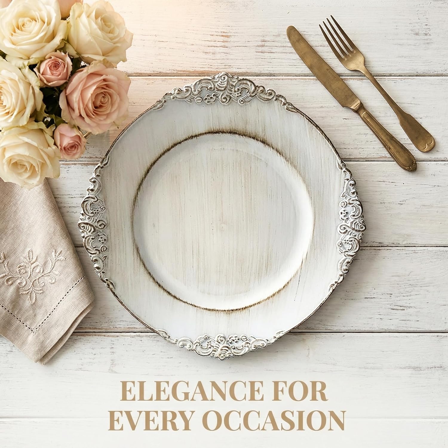 Antique White Charger Plates, 13 Inch Embossed Chargers for Dinner Plates. Set of 6 Plastic Charger for Wedding, Party,Elegant Tableware Chargers Decoration.