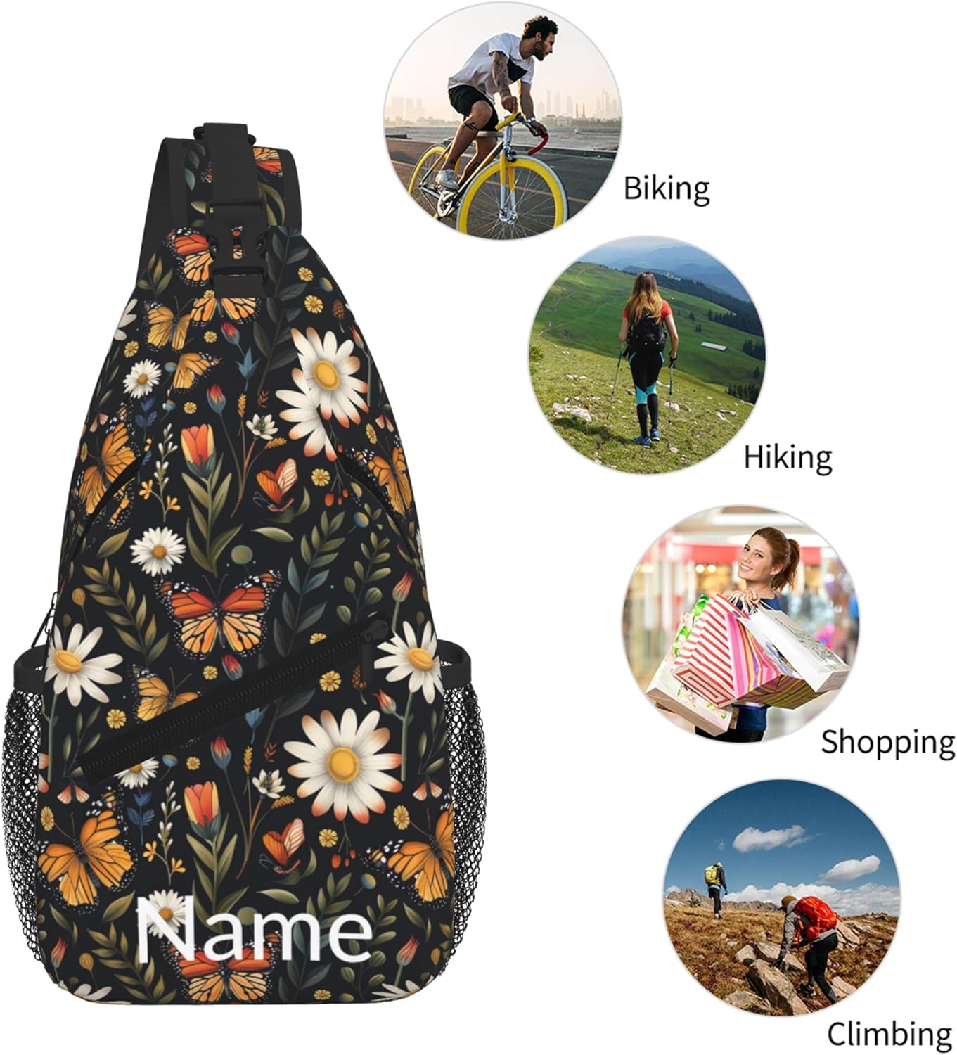 SUPLUCHOM Custom Sling Bag With Name Vintage Butterfly Daisy Leaf Personalized Hiking Daypack Customized Crossbody Shoulder Backpack Travel Chest Pack for Men Women
