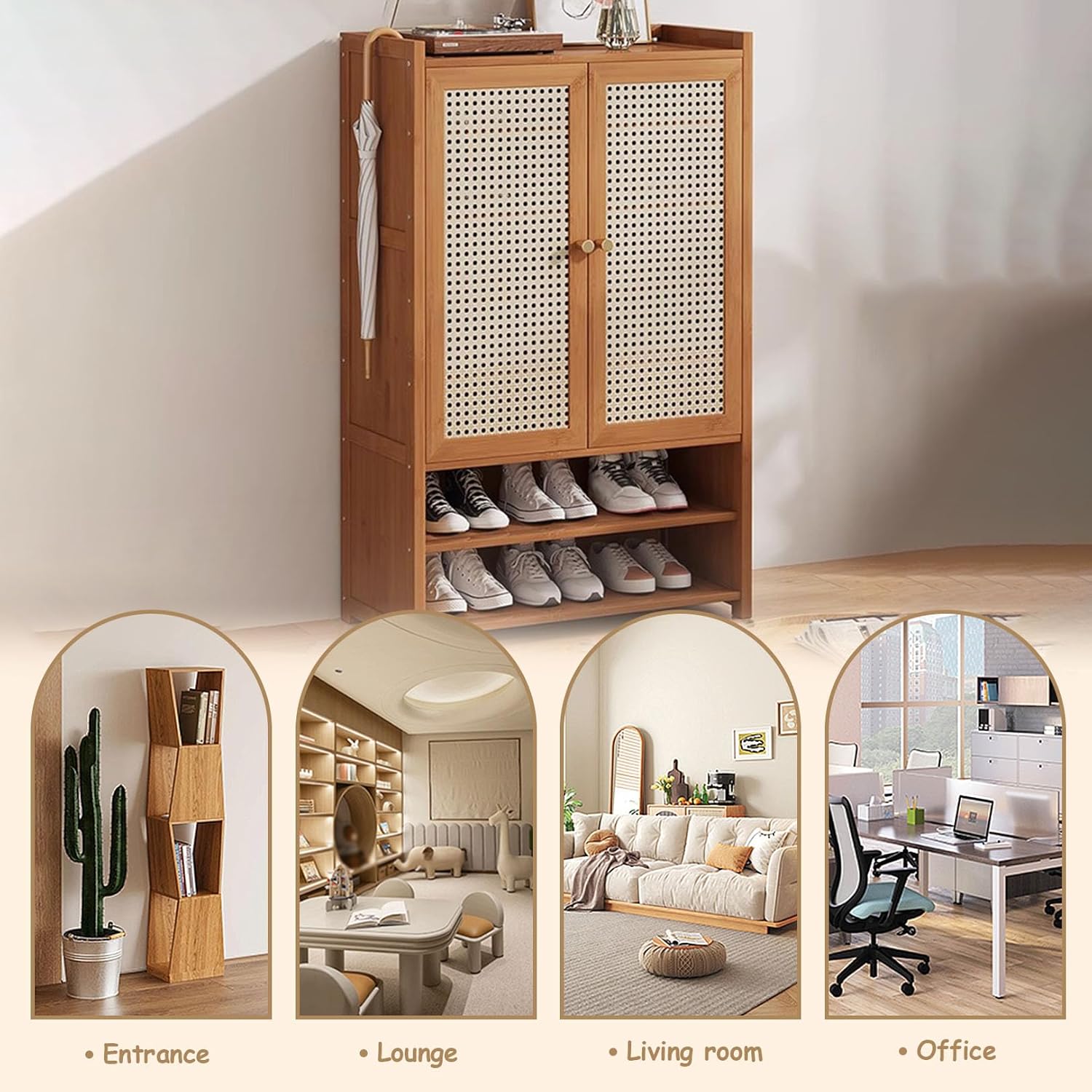 Shoe Storage Cabinet Cabinets Hallway Slim Cupboard Cupboards Hallways Slimline，Freestanding Rattan Shoe Cabinet - 8-Tier Entryway with Adjustable Shelves, Narrow Wooden Storage Solution for