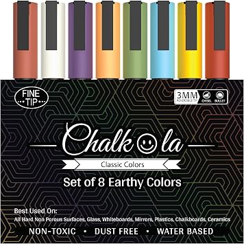 Chalkola Fine Tip Chalkboard Chalk Markers 8 Pack 3mm Classic Earth Color Ink - Erasable Dry Erase Marker Pens for Blackboards, Bistro, Window | 3mm Reversible Bullet & Chisel Point