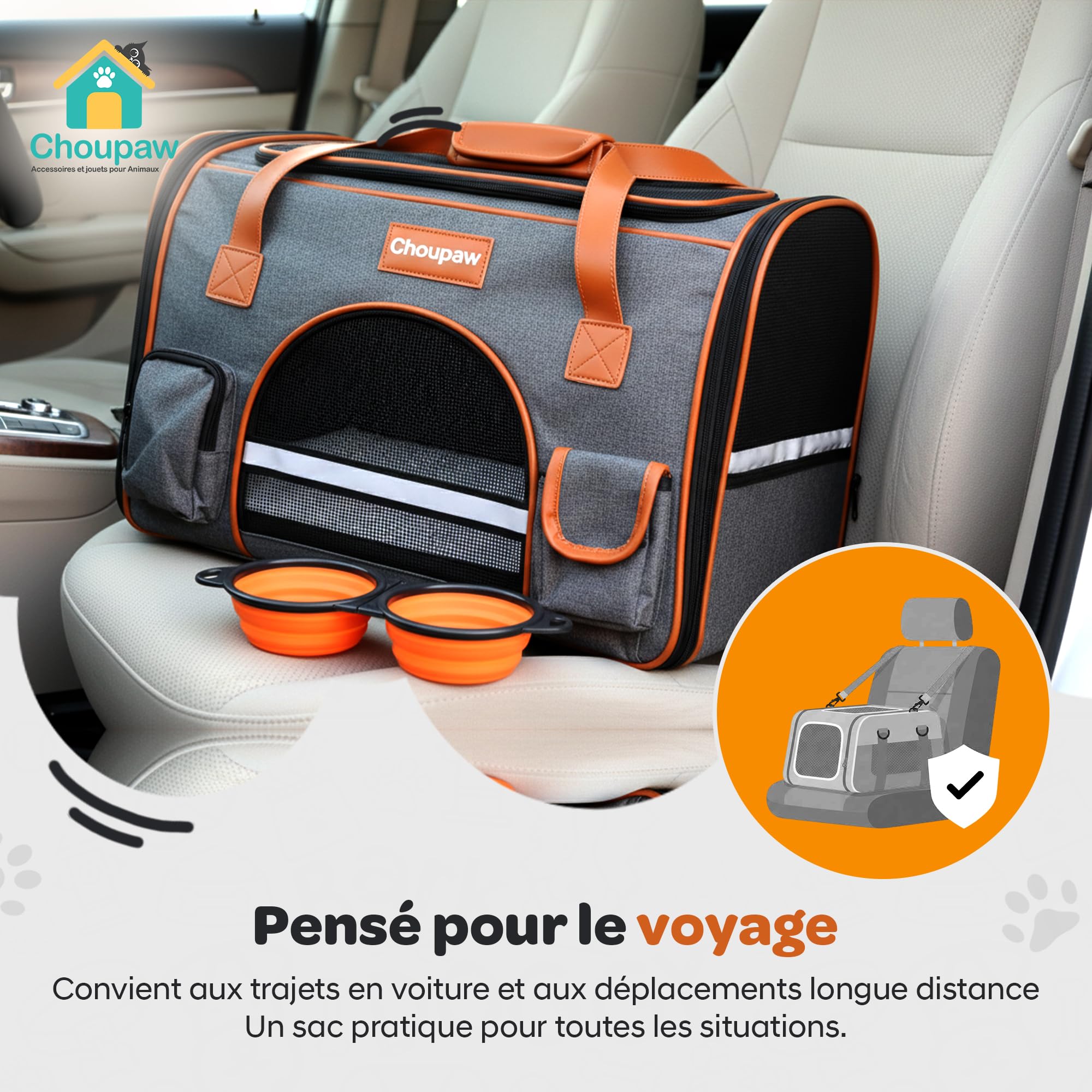 Choupaw Sac de Transport Chien et Chat 45 x 28 x 25 cm, Sac de Transport Cabine Avion Semi-Rigide avec Coussin Réversible Été/Hiver, Laisse Intérieure, Bandoulière Réglable et Bol Pliable Inclus