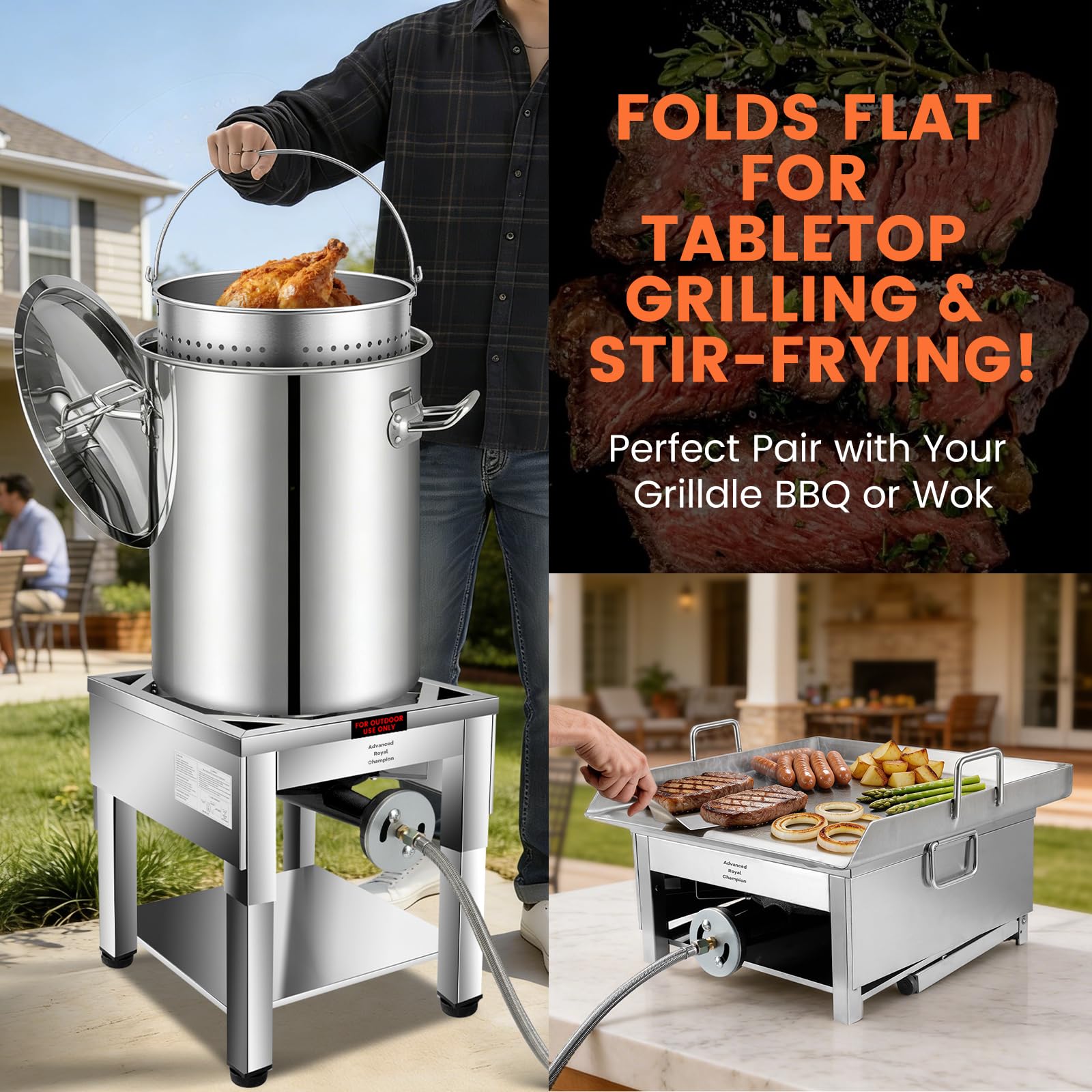 ARC - Quemador de propano de 200,000 BTU con patas plegables, cocina de gas de acero inoxidable resistente para freír pavo, hervir mariscos y elaborar cerveza casera, regulador de alta presión de 20