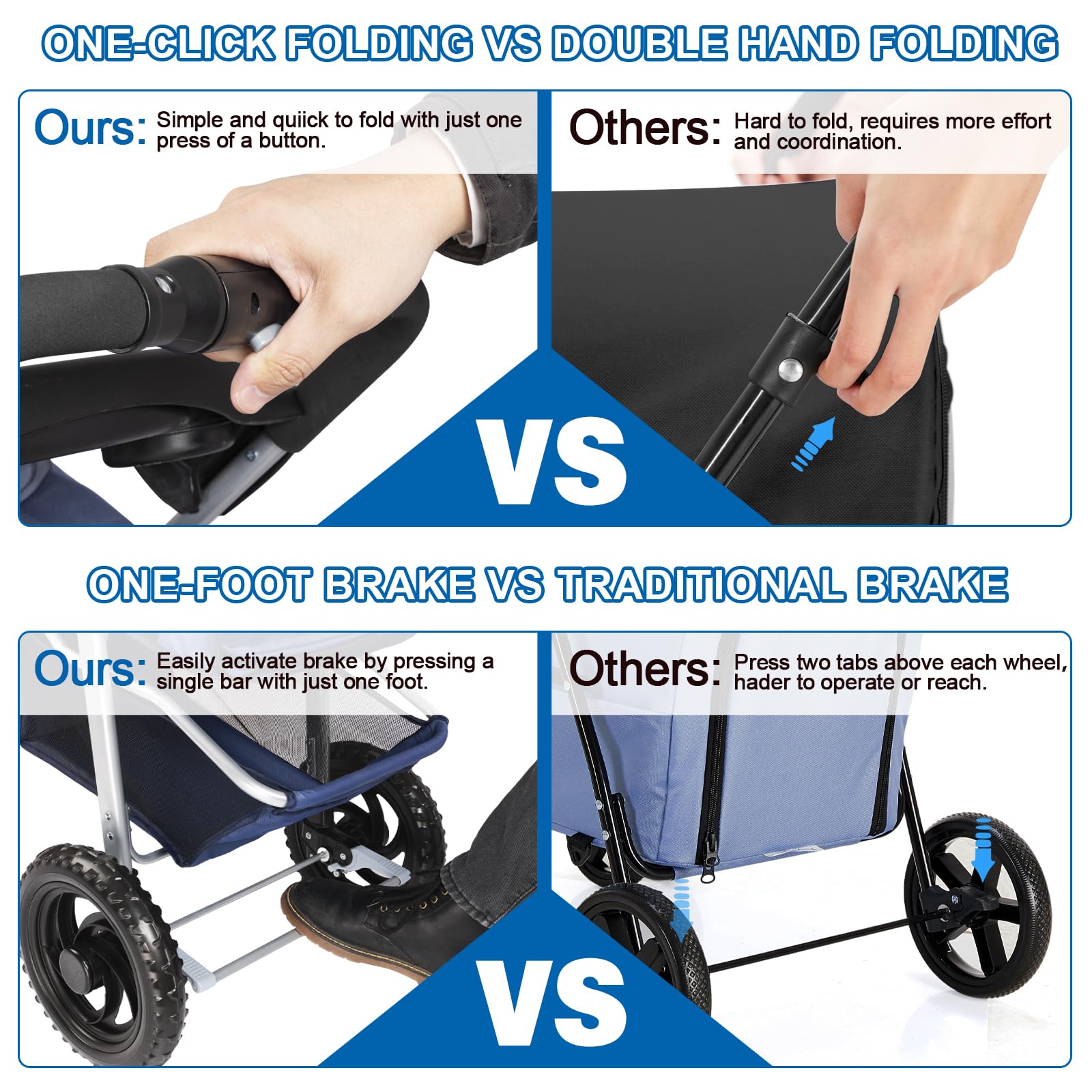 Pet Stroller for Medium Large Dogs and Cats, One-Hand Folding Dog Stroller Portable Dog Cat Cage Jogger Stroller with Cup Holder and Storage Basket, 3 Wheels, Blue