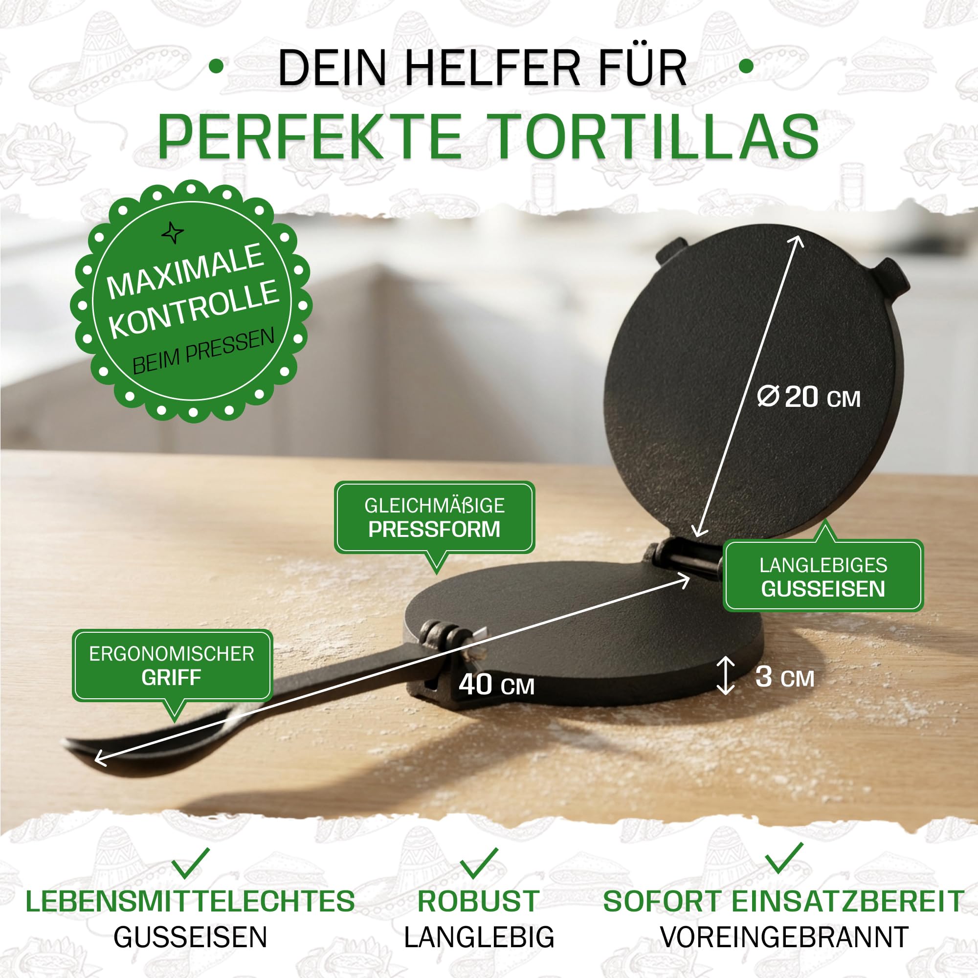Tortillada - Tortilla Presse/Quesadilla, Roti Maker aus Gusseisen mit Rezepten inkl. E-Book mit 50 Tortilla Rezepten (20 cm)