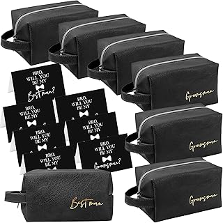 Amylove 7 Sets Man Gifts Men Toiletry Bag for Men Wedding Proposal Gift for Best Man PU Leather Cosmetic Bags with Zipper Bowknot Greeting Card Wedding Toiletries Accessories(Black)