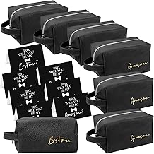 Amylove 7 Sets Man Gifts Men Toiletry Bag for Men Wedding Proposal Gift for Best Man PU Leather Cosmetic Bags with Zipper Bowknot Greeting Card Wedding Toiletries Accessories(Black)