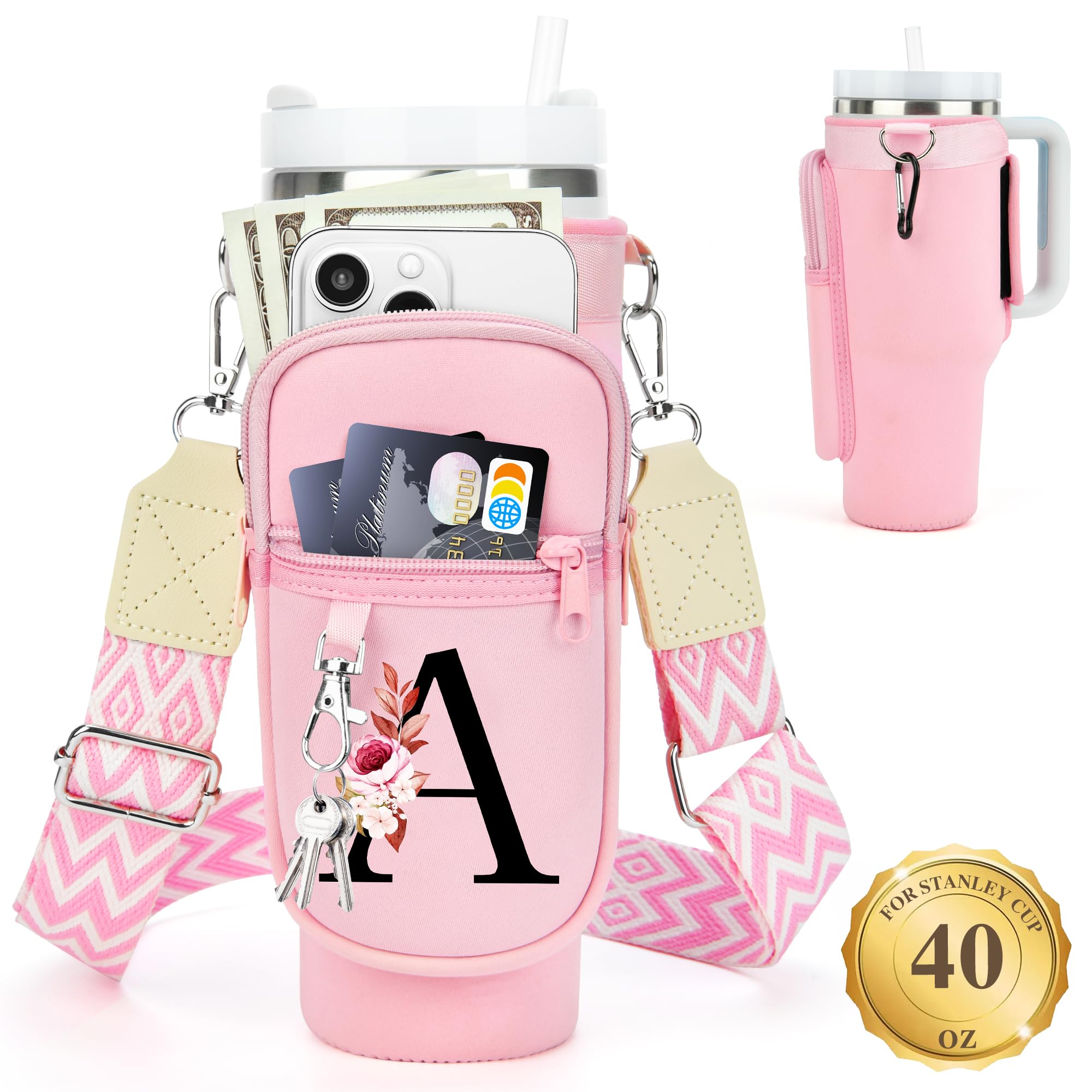 LOKASS Water Bottle Holder with Strap for Stanley Cup 40 oz Tumbler with Handle, Personalized Initial, Water Bottle Carrier Bag with Phone Pocket & Carabiner for Stanley Cup Accessories