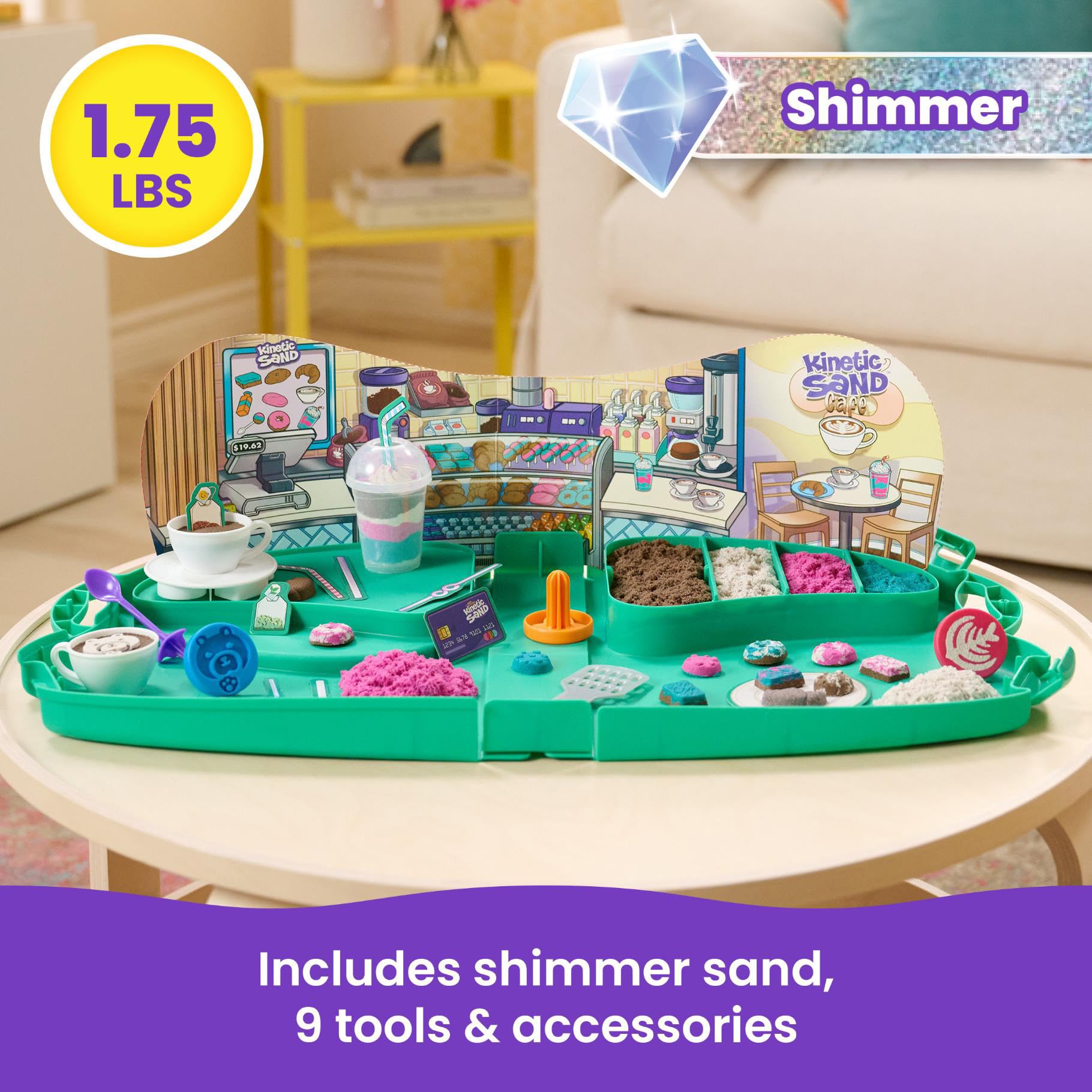 Kinetic Sand, Kawiarnia z piaskiem do zabawy 793 g w 4 kolorach, 9 narzędzi i form, do przechowywania, zabawki dla dzieci dla dziewcząt i chłopców w wieku od 5 lat