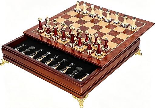 Luxury Chess Set - 15-inch Chess Set with Solid Metal Chess Pieces & Storage, Elegant Wooden Chess Board for Adults, Classic Board Games Chess Set,Chess Table Game