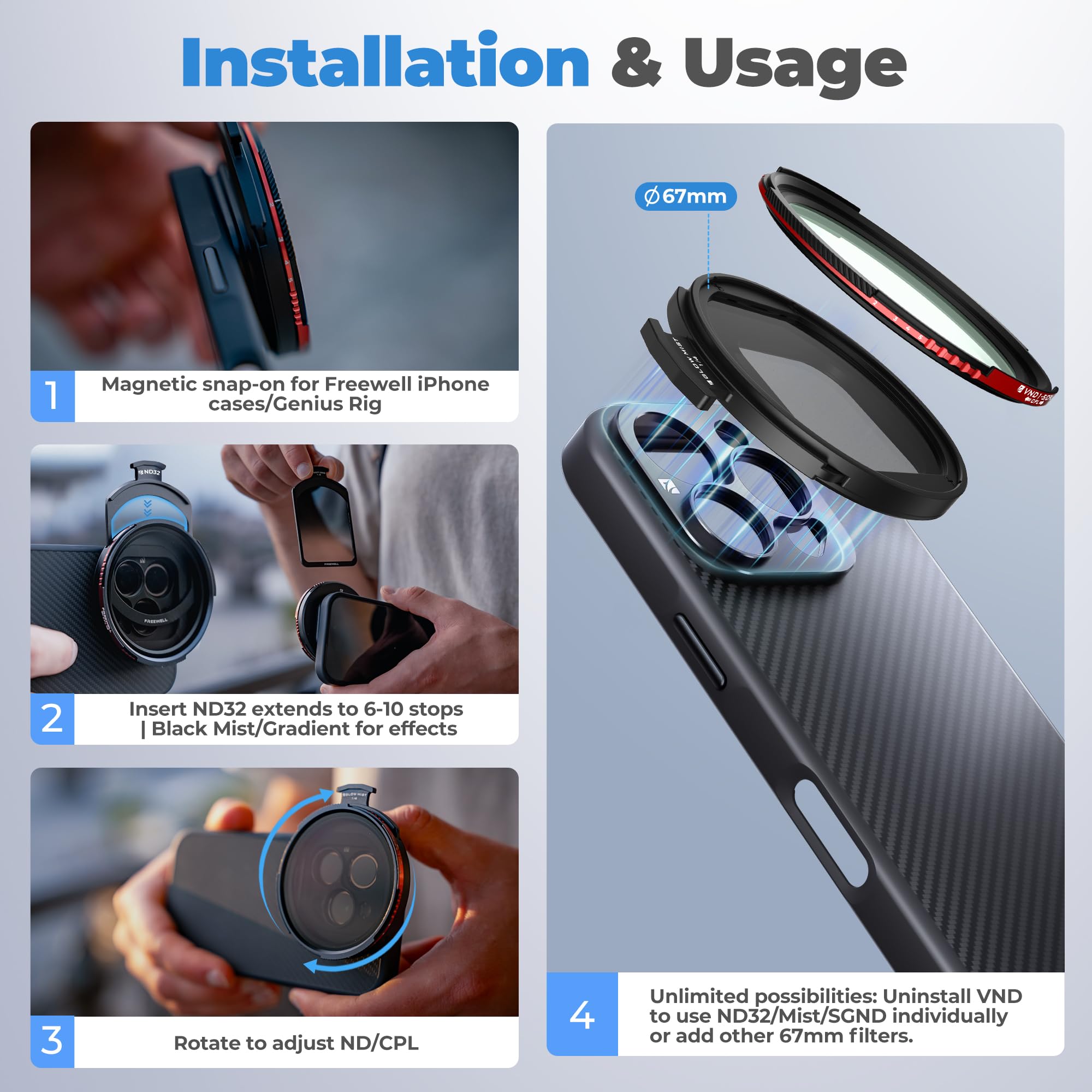 Freewell Pro Hybrydowy filtr magnetyczny 1 do 10 stop zmienna ND/CPL | z ND32, miękki gradient 1,2, czarna świecąca mgiełka kompatybilna z etui i klatką Freewell iPhone