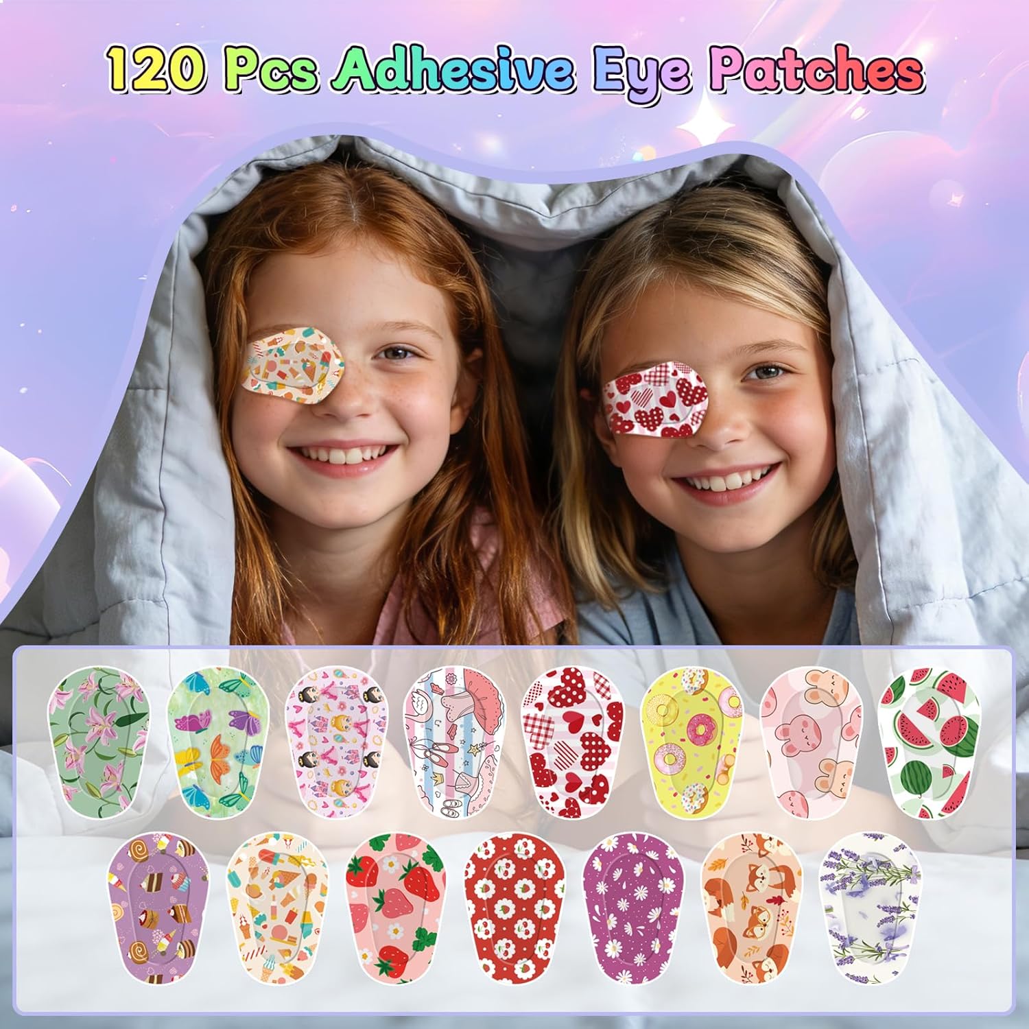 120 Pcs Adhesive Eye Patches for Kids and Girls,Bulk Breathable Soft Cotton, with Cute Pattern Designs, 15 Styles with 8 Pieces Each