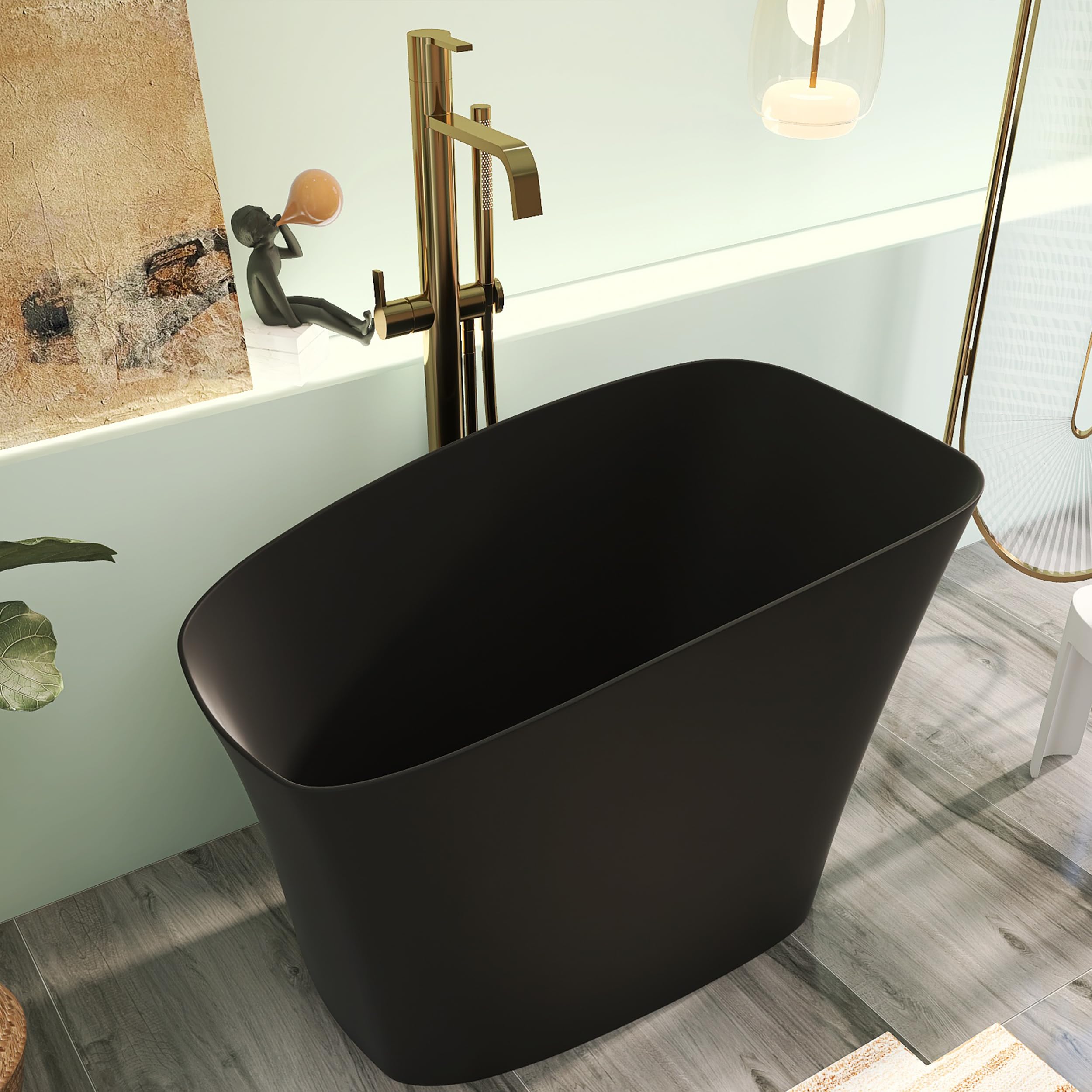 Bañera japonesa independiente de superficie sólida de 51 pulgadas, diseño negro mate mejorado, bañera de resina de piedra independiente con desbordamiento y drenaje desplegable