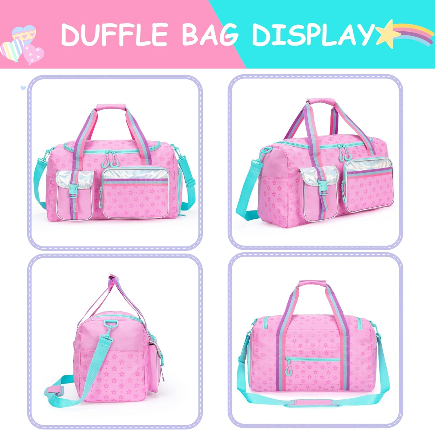 Kids Duffle Bag Girls Travel Bag Gifts Overnight Sleepover Bags for Girls Women Tote Gym Dance Bags for Kids with Shoes Compartment Pink