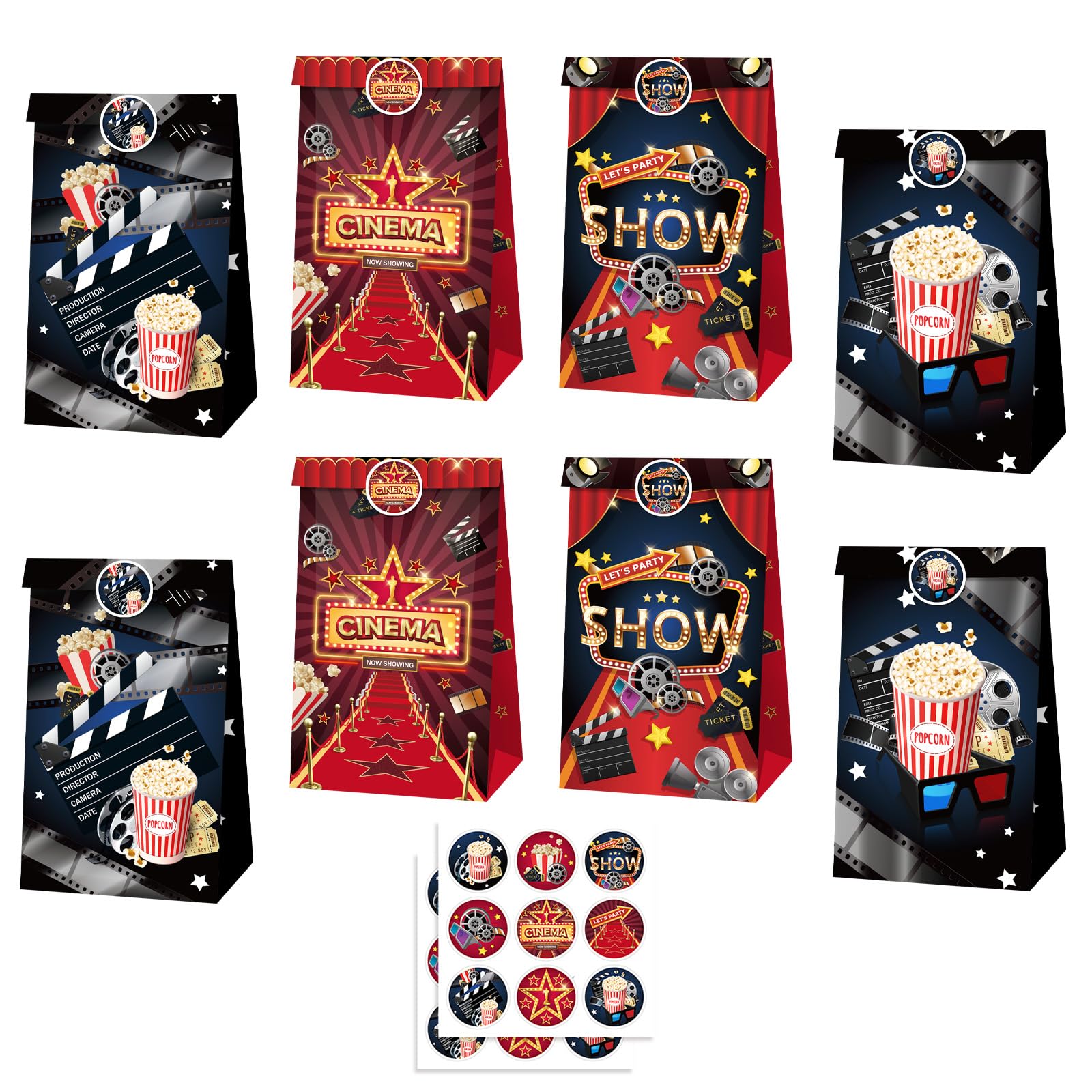 MORAINJAY 12 Pcs Movie Night Paper Bags, Cinema Theme Party Goodie Bags, Kids Birthday Gift Treat Bag, Boys and Girls Party Favour Decoration Supplies, with 18 Stickers — image 1