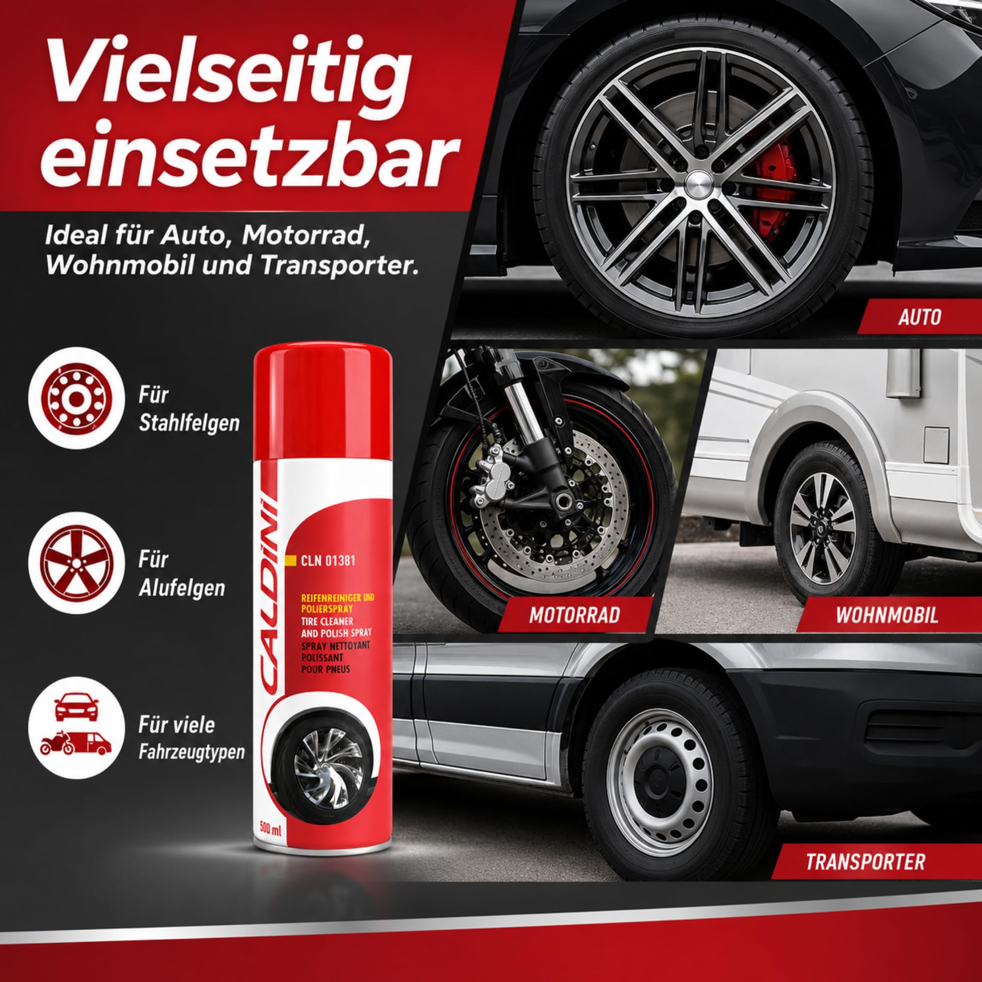 Caldini Reifenglanz Spray 12 x 500 ml, Premium Reifenpflege und Gummipflege, reinigt und pflegt Reifenoberflächen, sorgt für Glanz und Schutz vor Austrocknung, ideal für Auto, Motorrad und Transporter