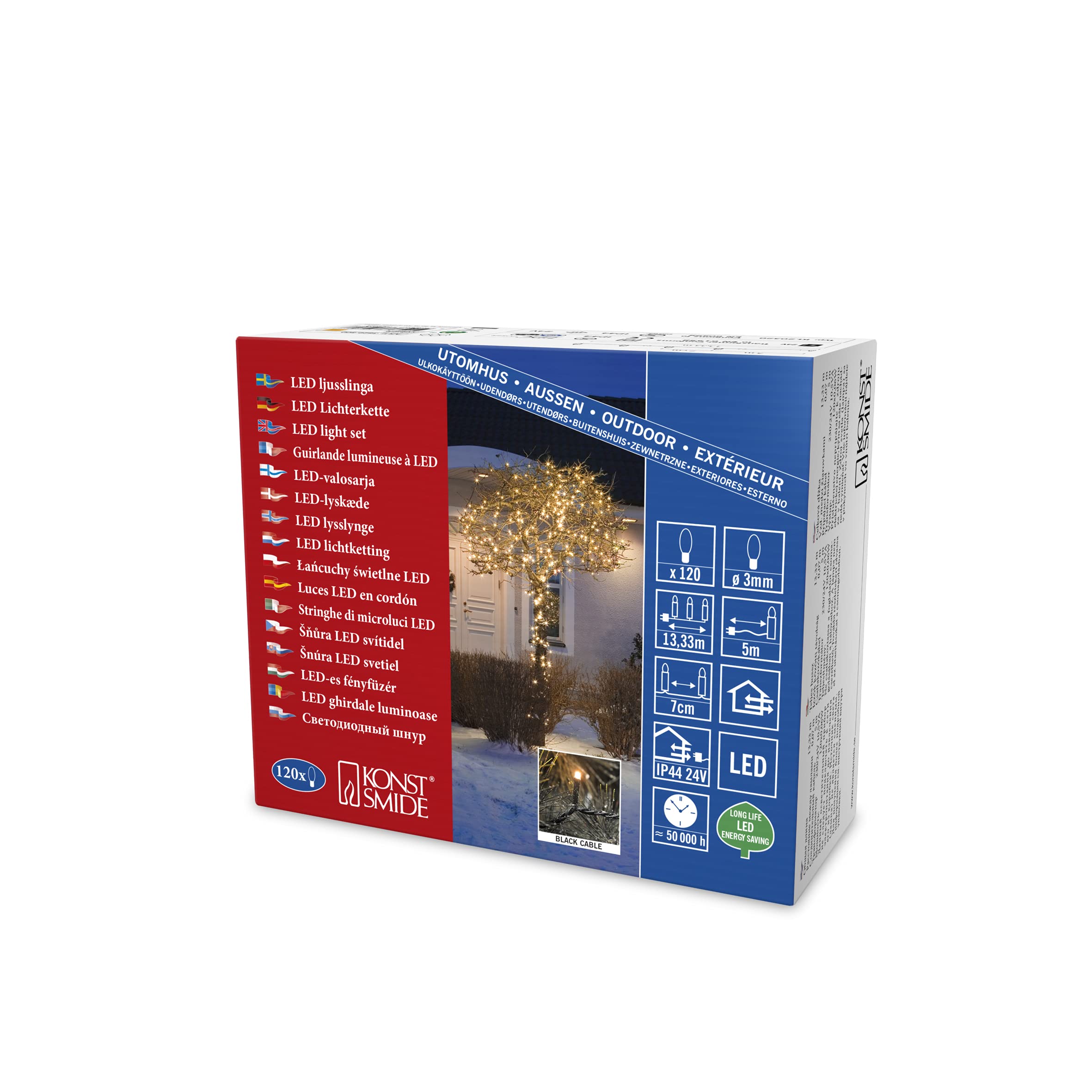Konstsmide Christmas Lights/LED Fairy Lights/Christmas Tree Lights Outdoor Indoor (IP44)/24V Transformer Plug In/120 Amber White Diodes/Black Cable