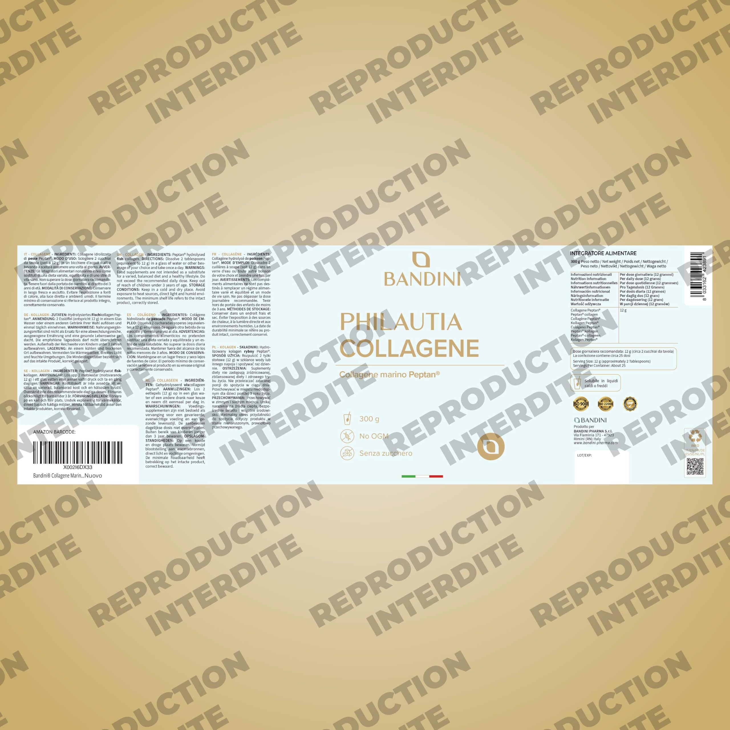 Bandini® Collagène Marin Poudre 12.000mg – Peptides de Collagene Type 1 | Marin Hydrolysés - Pour Articulations, Peau, Cheveux et Ongles - Marine Collagen saveur neutre, 300 g (12g par portion)
