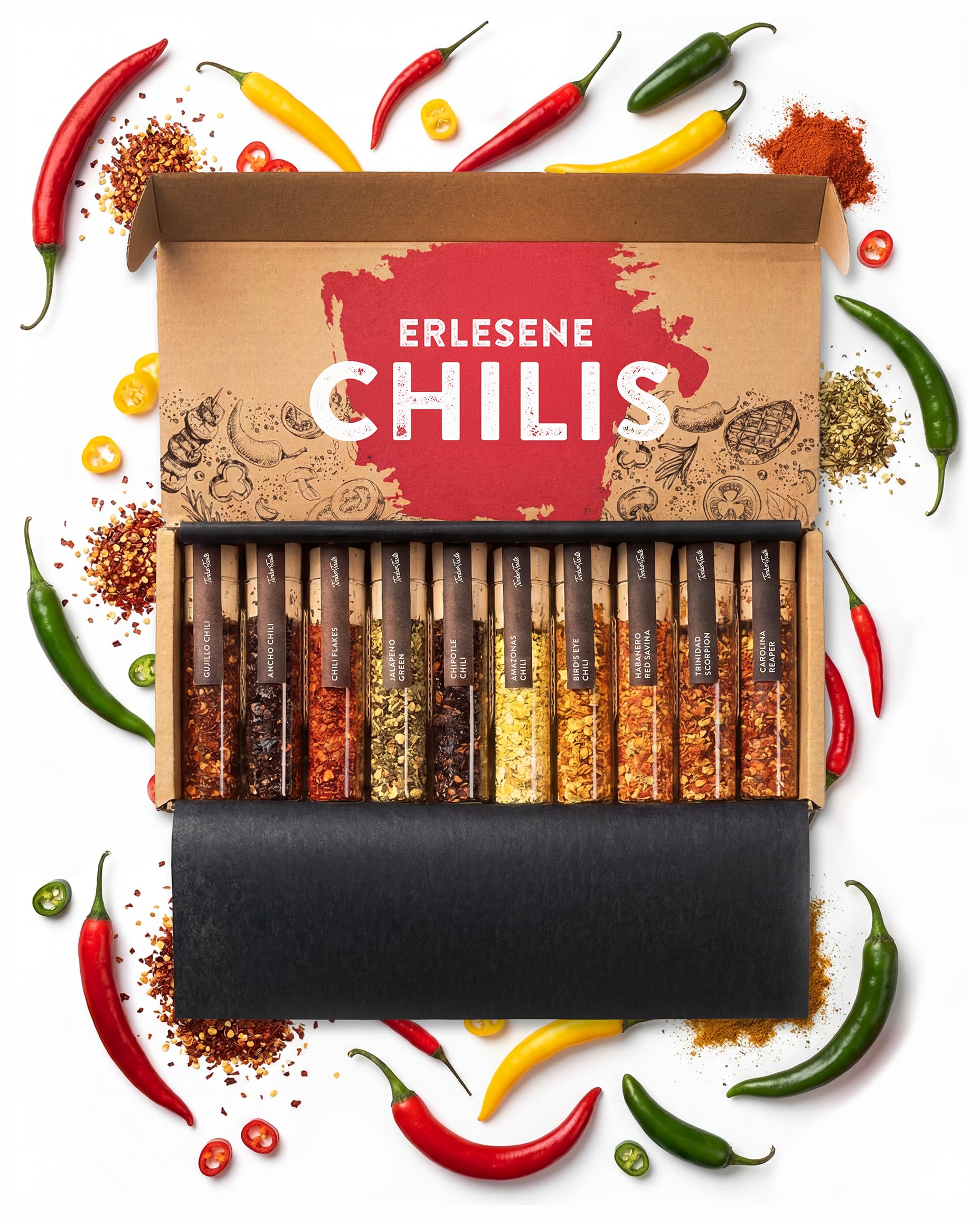 TIMBER TASTE® Chili Geschenkset - scharfes Chili Set 10er [1,2 Mio Scoville] | Ostergeschenk Mann | Männergeschenke | Geschenke für Männer | Ostergeschenk für Mann | Ostern Männer | Chilli Geschenkset