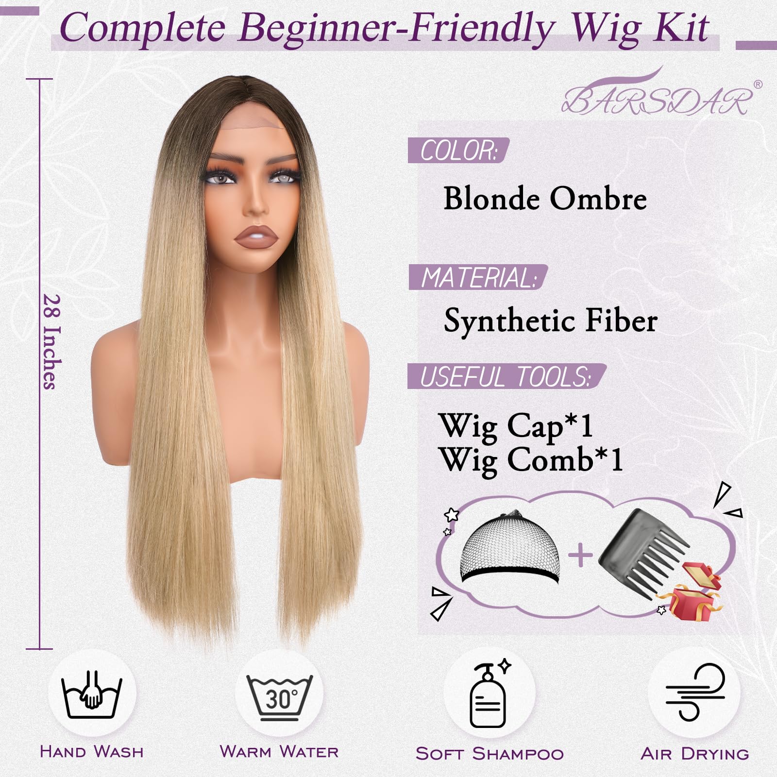 BARSDAR Lange Gerade Perücke, 71cm Lange Gerade Mittelscheitel Blond Ombre Perücke für Damen Natürliche Haarperücken Synthetische Haar Wigs Spitzenfront Perücken Party Cosplay Halloween