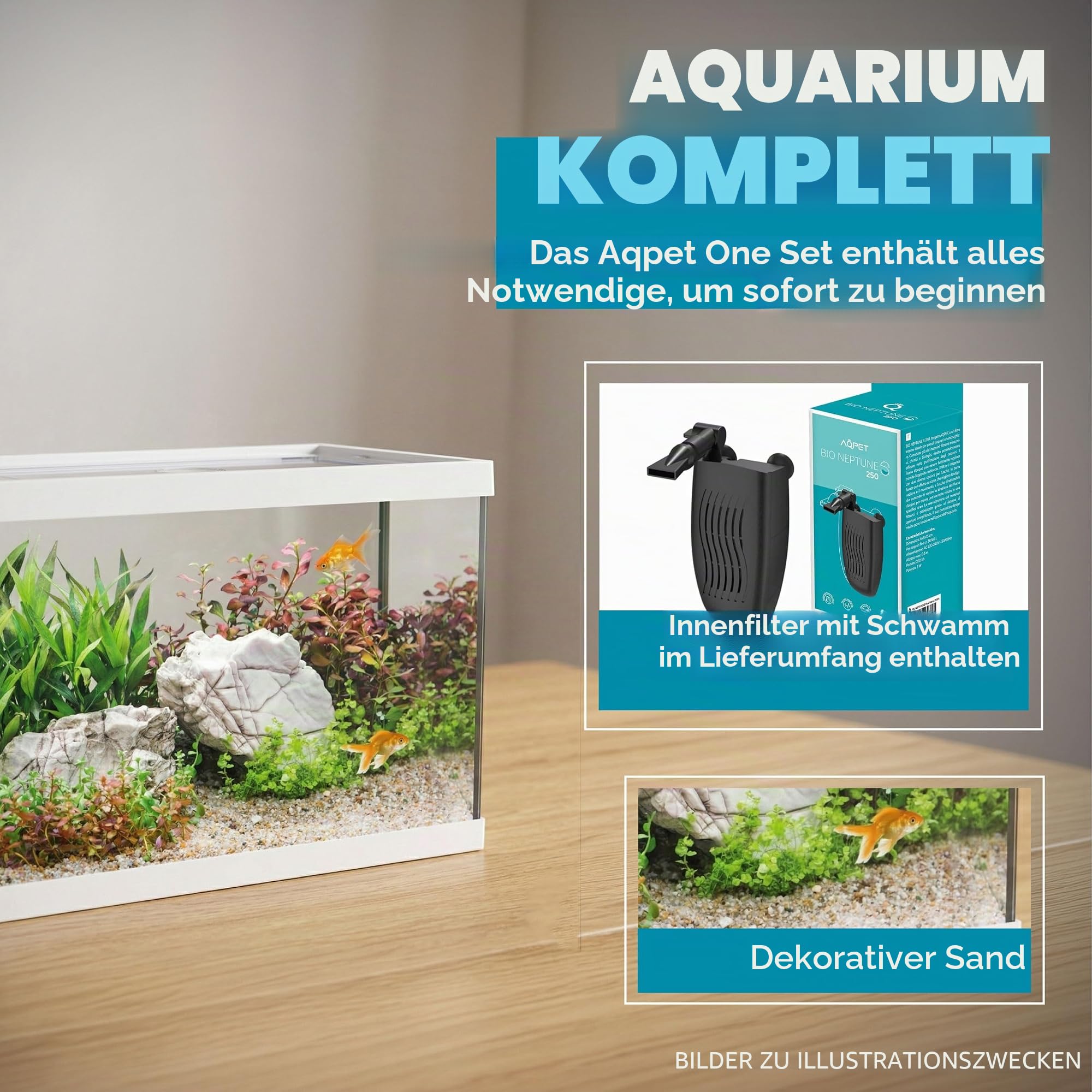 AQPET One Mini Aquarium aus Glas weiß 20 Liter - komplettes Aquarium mit Innenfilter, Sand, Zierpflanze und Hintergrund - Elegantes Design 36x22x26 cm, ideal für Anfänger
