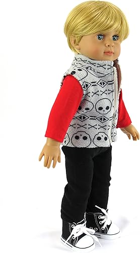 Miniatura 3 de American Fashion World Conjunto de chaleco y pantalones de calavera para niños de 3 piezas para muñecas de 18 pulgadas | Calidad premium y diseño