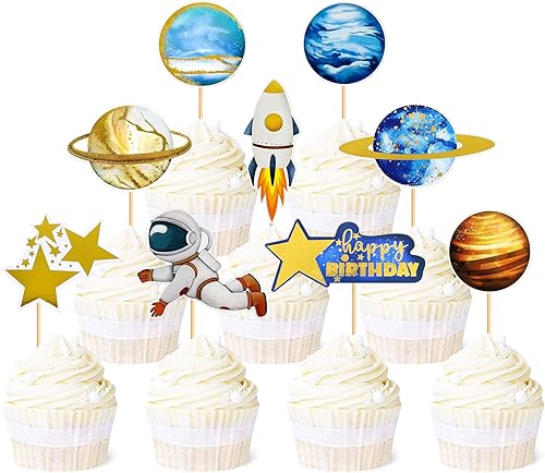 Ercadio Paquete de 36 adornos para cupcakes de astronauta espacial Space Boy Moon Rocket Planet Cupcake Toppers Earth Planet Cupcake Picks Space