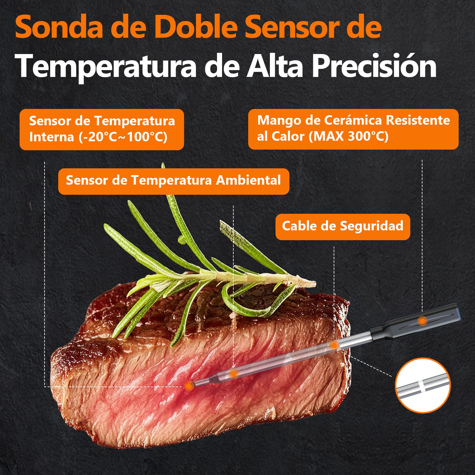 AIRMSEN Termómetro de Carne Inalámbrico con Pantalla LCD, Impermeable IPX8, Termómetro de Barbacoa Bluetooth con Alcance de 150m, Control por App, Mango de Cerámica, para Parrilla, Horno y BBQ
