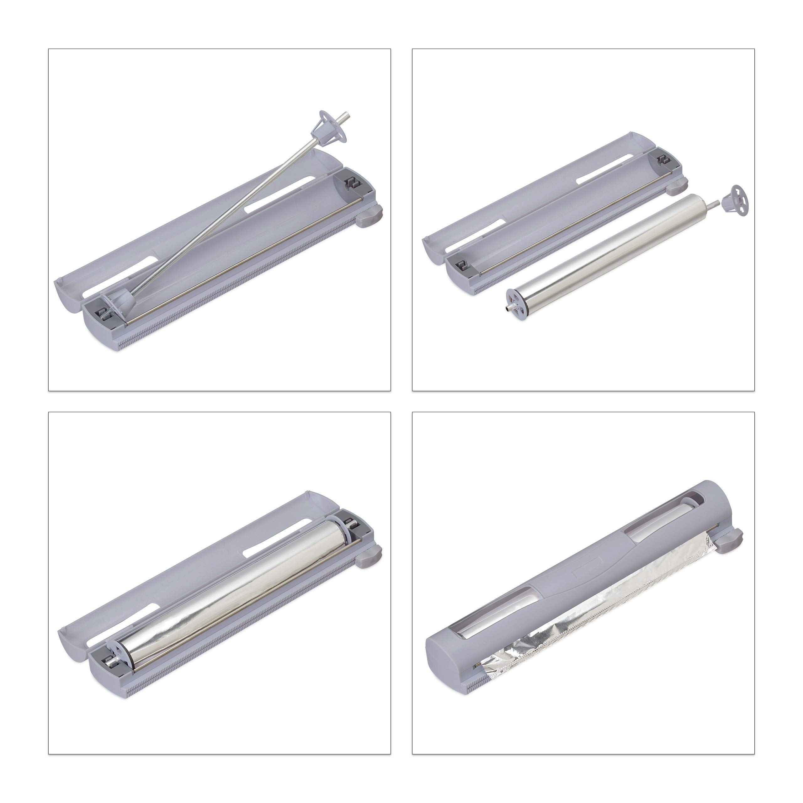 Relaxdays Distributeur film alimentaire, lot de 2, pour papier aluminium et cellophane, fenêtre de visualisation, gris