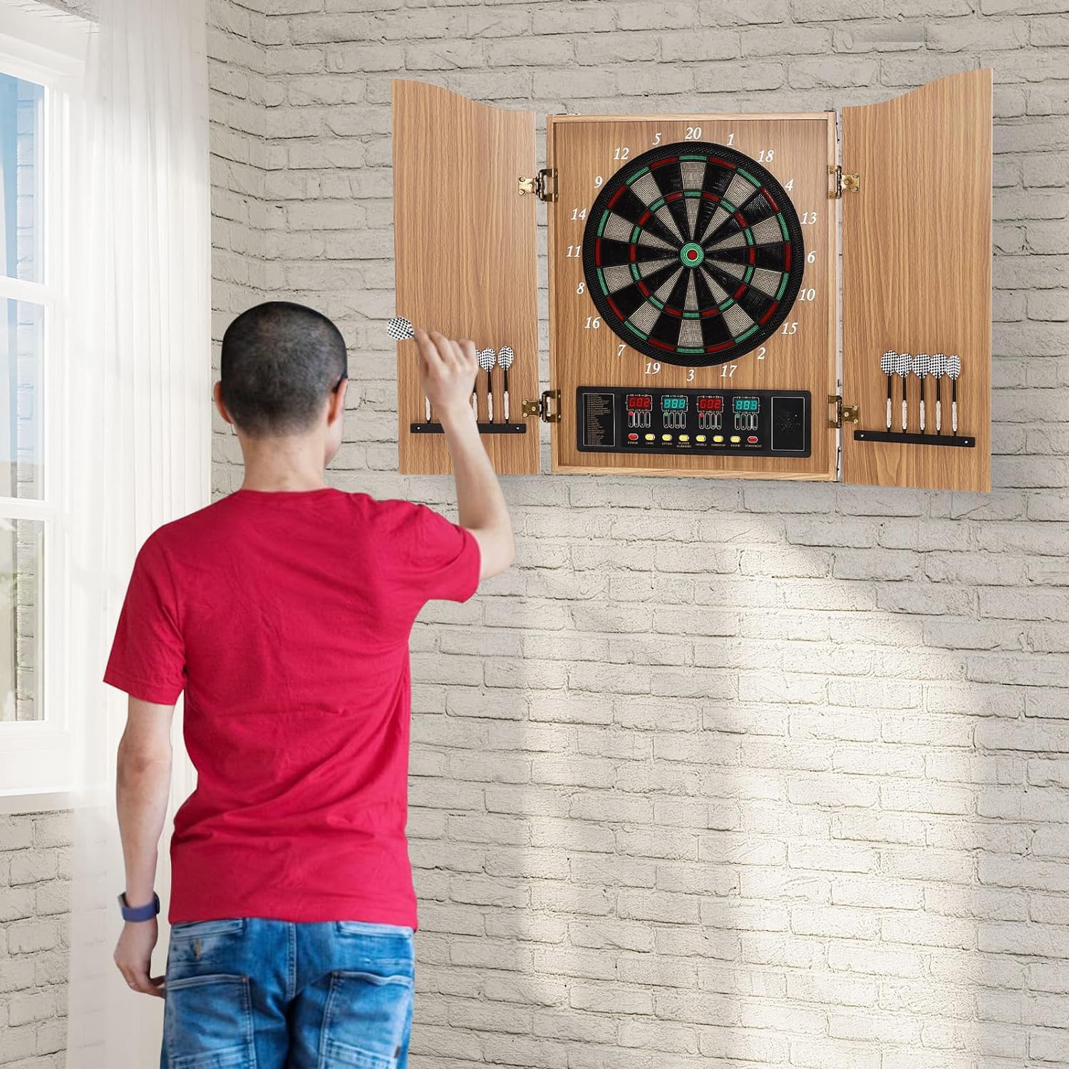 Anxyyds A Nxyyds Electronic Dart Board, Electric Digital Dart Boards W/Built-In Storage Cabinet Colorful Led, 12 Soft Tip Darts, 243 Games, 16-Player, Power Dapters