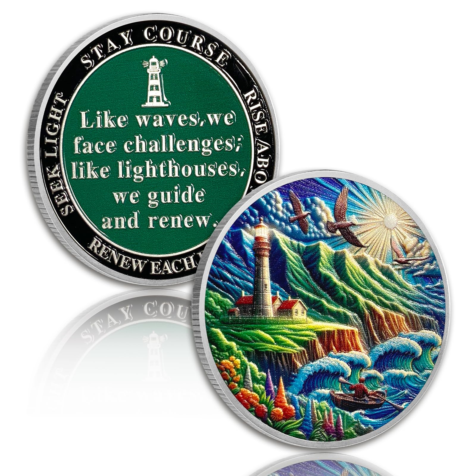 Lighthouse Sobriety Coin, Beach Scene Recovery Chip | AA NA Medallion - Sobriety Gifts for Men and Women, Affirmation Coin with Inspirational Quotes