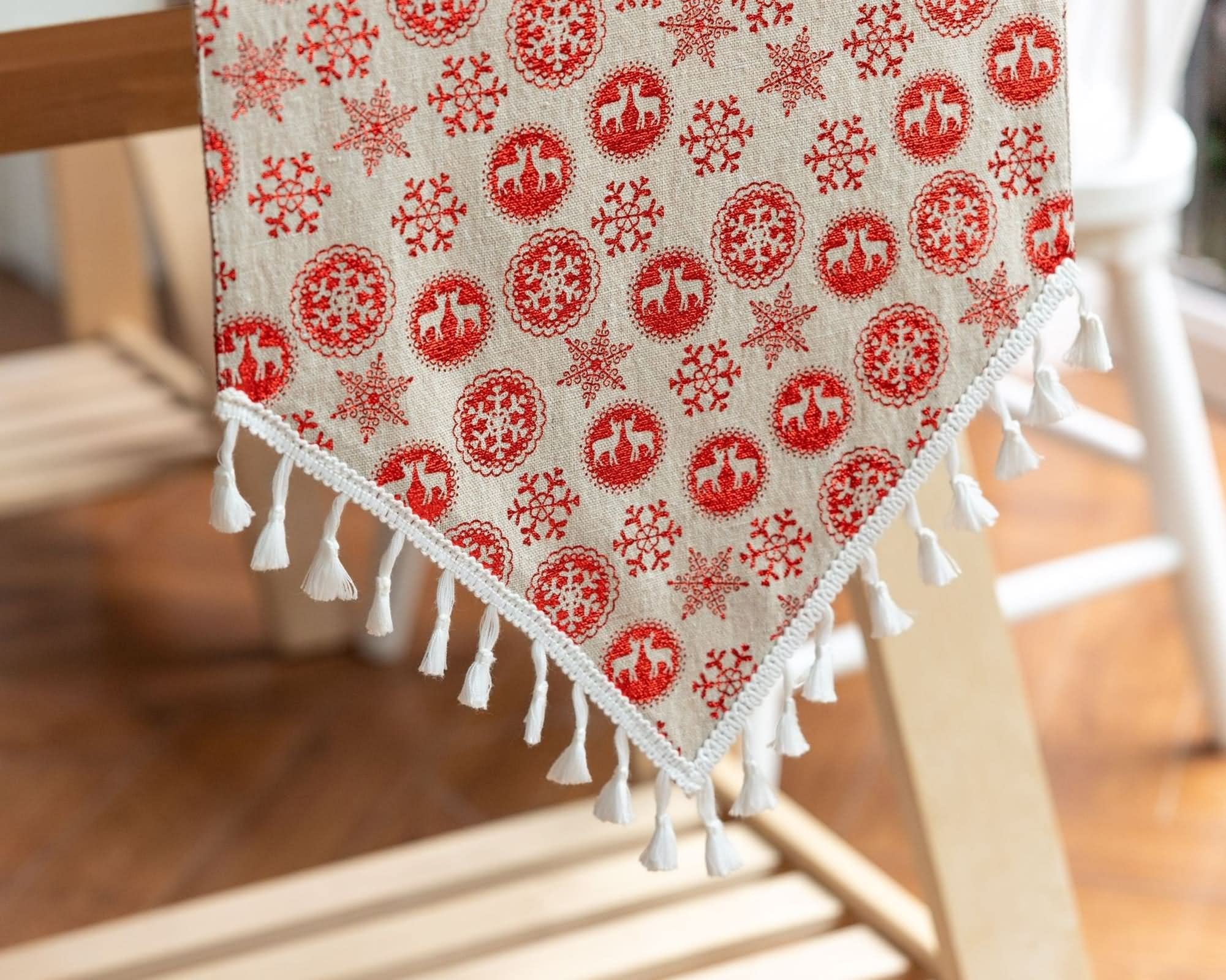 Caminos de Mesa Estampados, Centros Decorativos de Mesa Modernos Borlas con Estampado de Copos de Nieve Navideños Rojo Algodón 33x180CM
