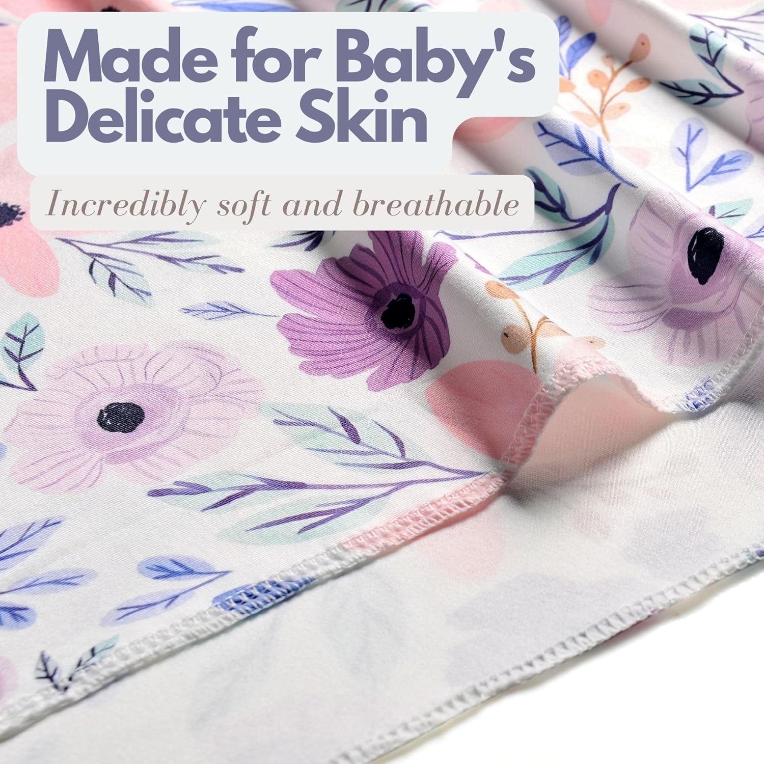 Newborn Baby Girl Receiving Blanket Swaddle Blanket Stretchy Knit Swaddle Set with Matching Headband Beanie with a Name Card (Pink and Purple Floral) - Image 5