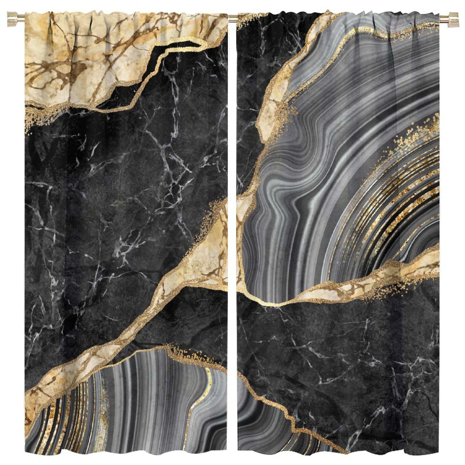 HZOHNAGO Black Gold Marble Curtain Modern Abstract Art Blackout Print Rod Pocket Window Drapes for Bedroom Living Room 84x84in